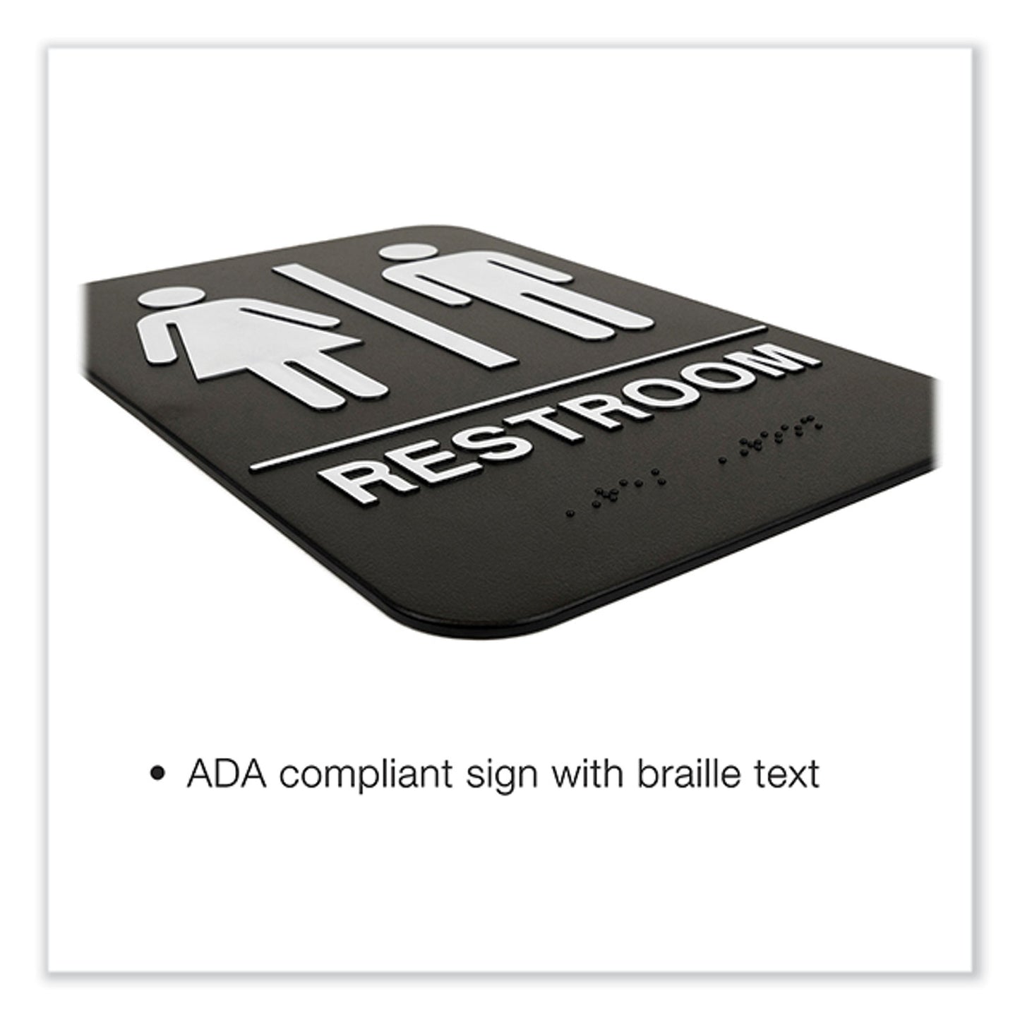 Excello Global Products Indoor/Outdoor Restroom with Braille Text, 6" x 9", Black Face, White Graphics, 3/Pack (HD0275S)