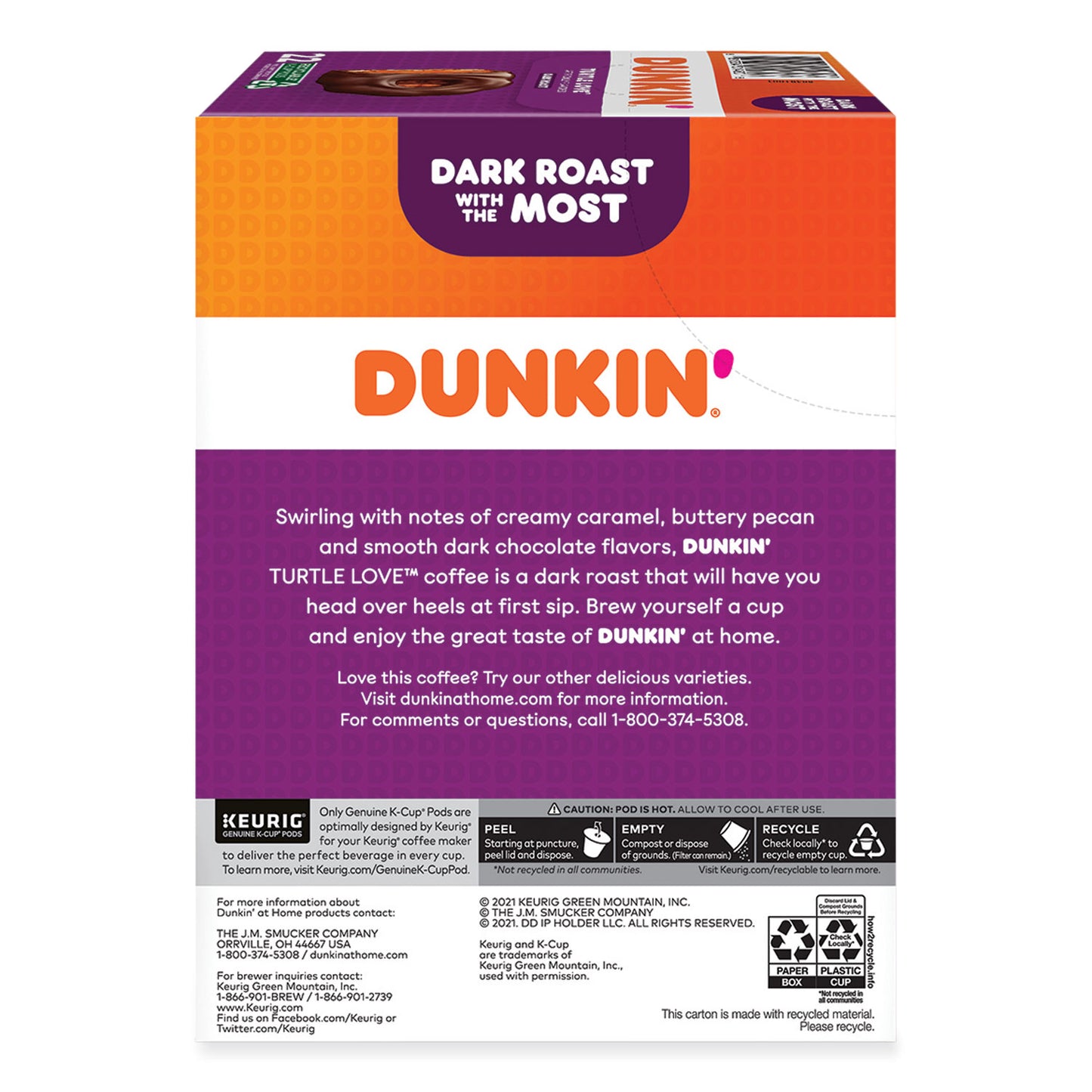 Dunkin Donuts K-Cup Pods, Turtle Love Coffee, 22/Box (5000367615)