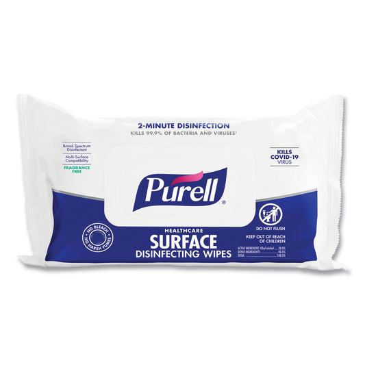 PURELL Healthcare Surface Disinfecting Wipes, 1-Ply, 7" x 10", Unscented, White, 72/Pack (937012)