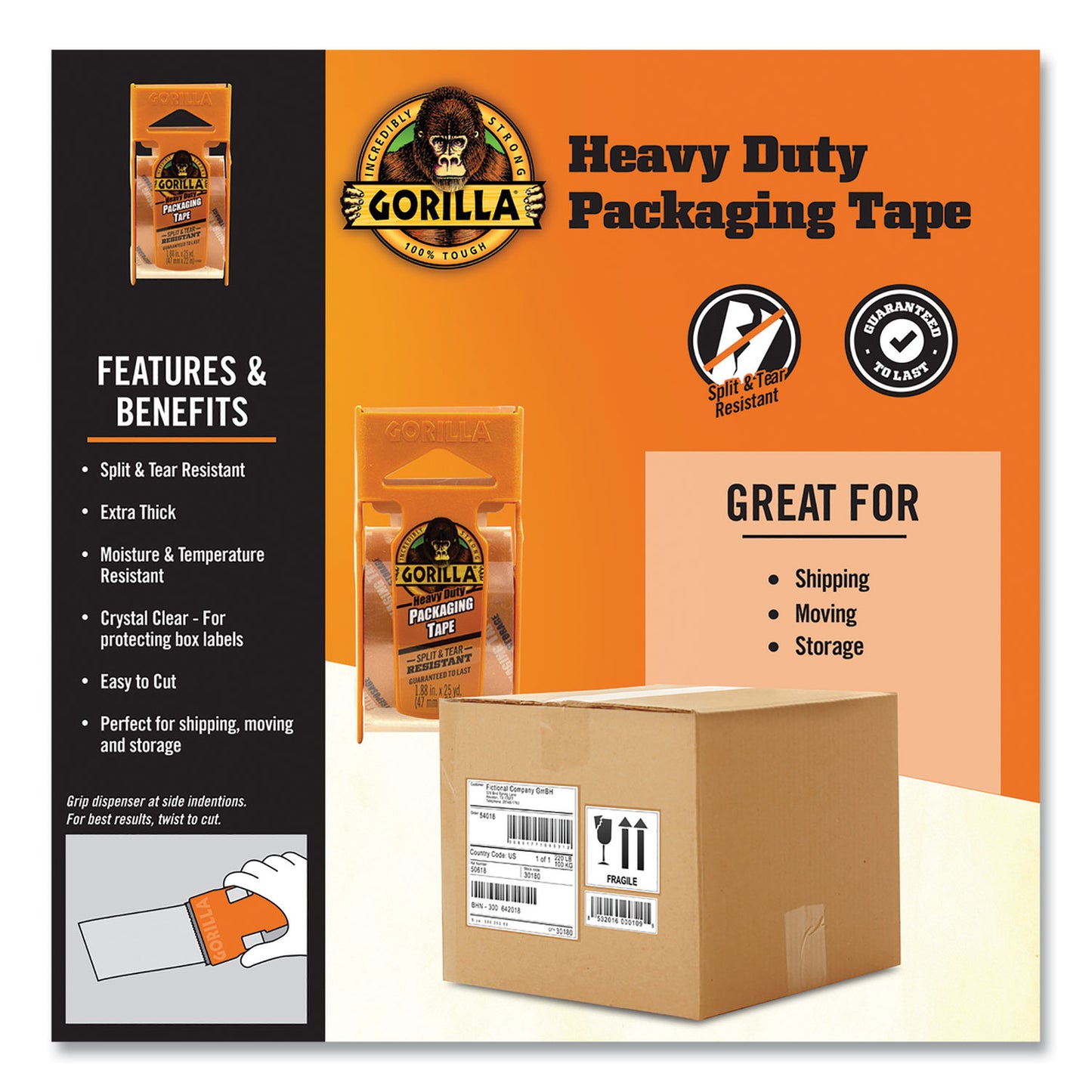 Gorilla Heavy Duty Packaging Tape with Dispenser, 1.88" x 25 yds, Clear, 4/Pack (102680)