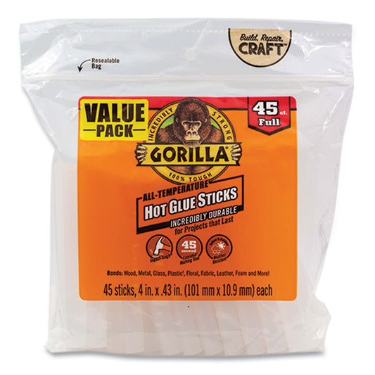 Gorilla Hot Glue Sticks, 0.43" dia x 4", Dries Clear, 45/Pack (3034502)