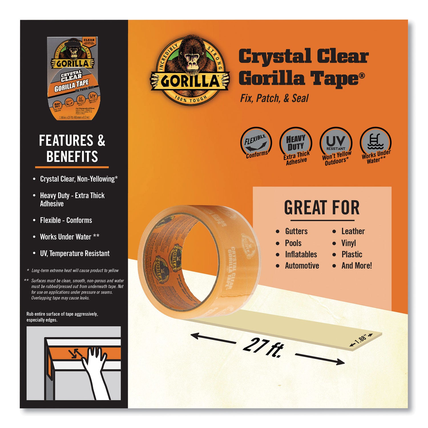 Gorilla Crystal Clear Tape, 3" Core, 1.88" x 9 yds (6027007)