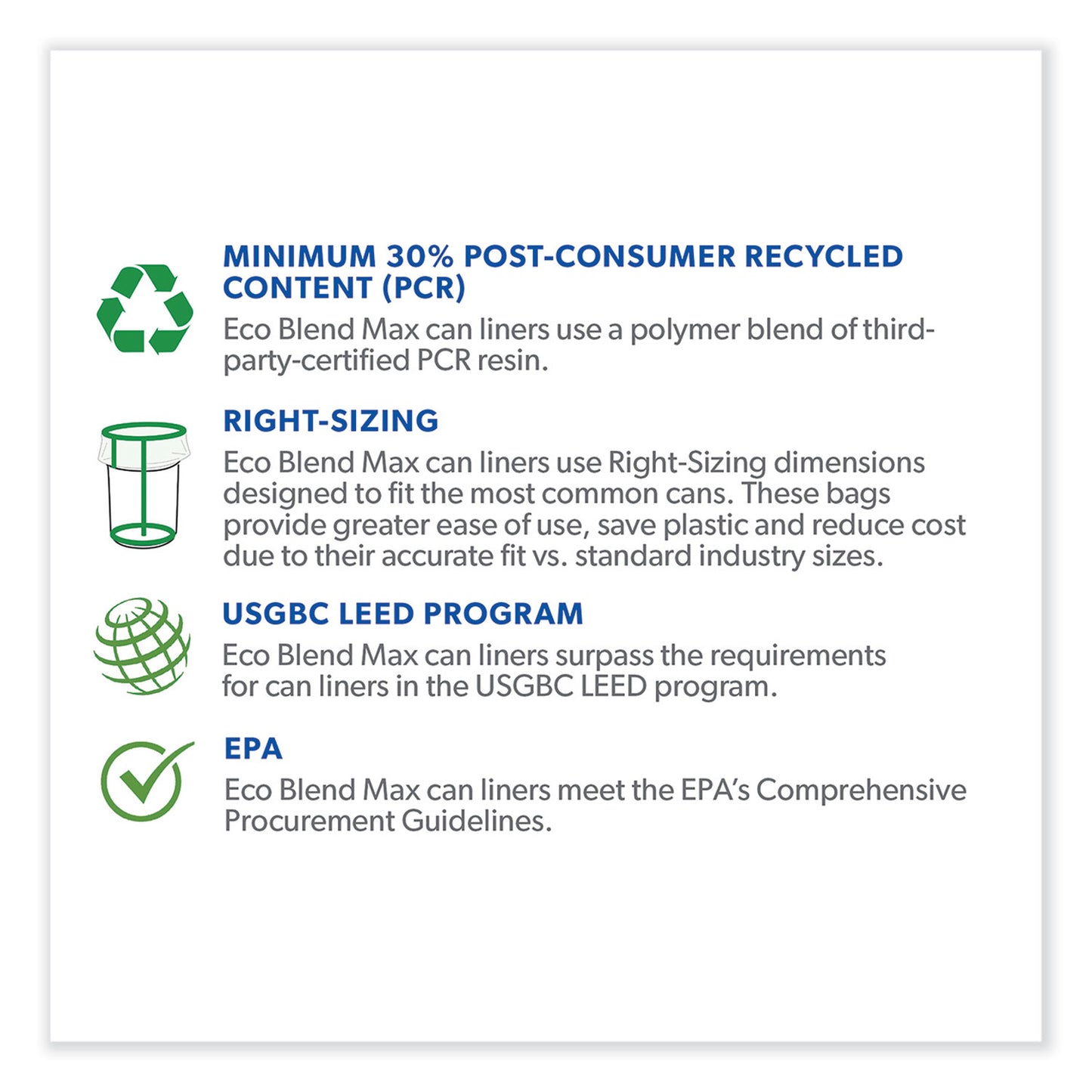 Heritage Eco Blend Max Can Liners, 60 gal, 0.8 mil, 38" x 58", Clear, 20 Bags/Roll, 5 Rolls/Carton (L7658TCER1)