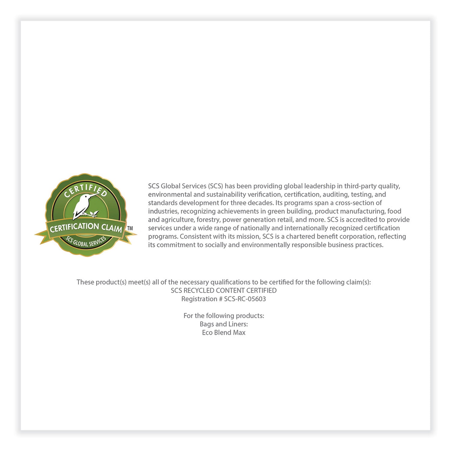 Heritage Eco Blend Max Can Liners, 60 gal, 0.8 mil, 38" x 58", Clear, 20 Bags/Roll, 5 Rolls/Carton (L7658TCER1)