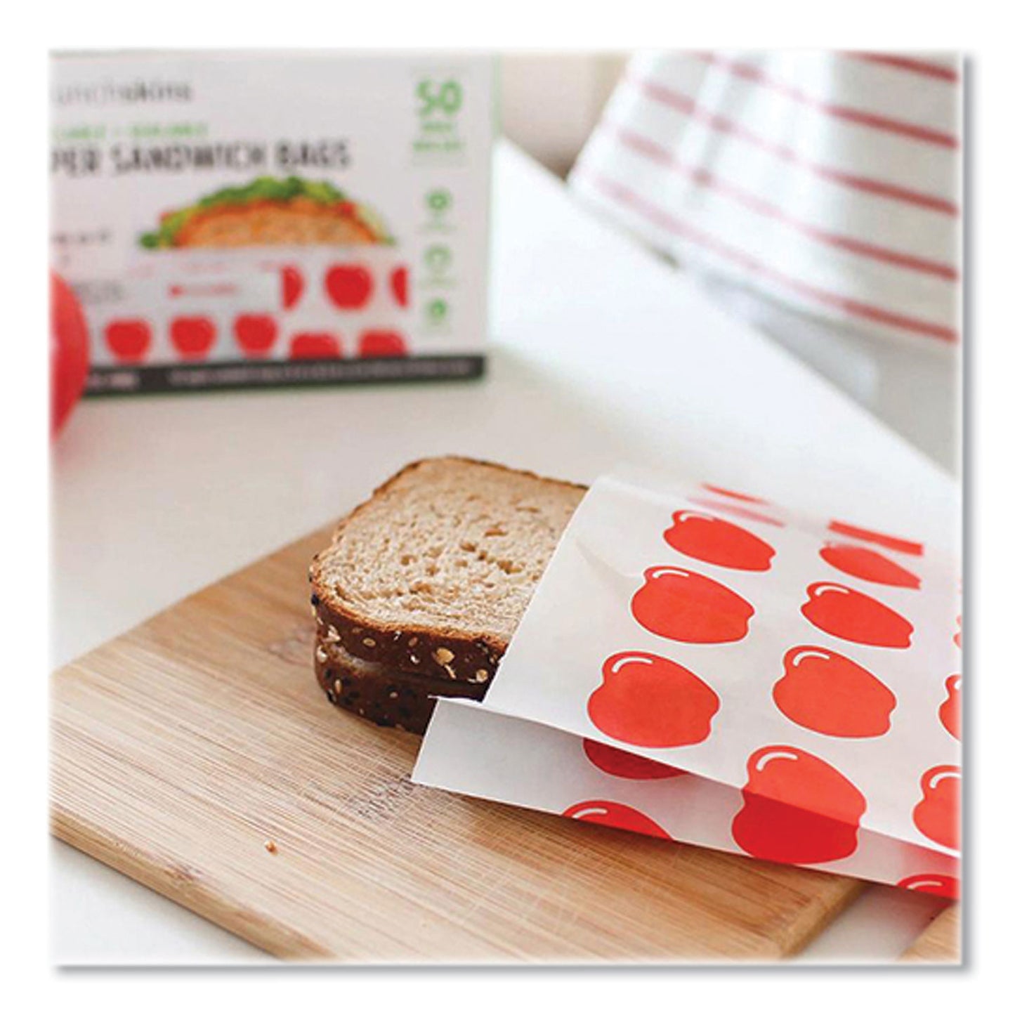 Lunchskins Peel and Seal Sandwich Bag with Closure Strip, 6.3" x 2" x 7.9", Red Apples/White, 50/Box (854735005911)