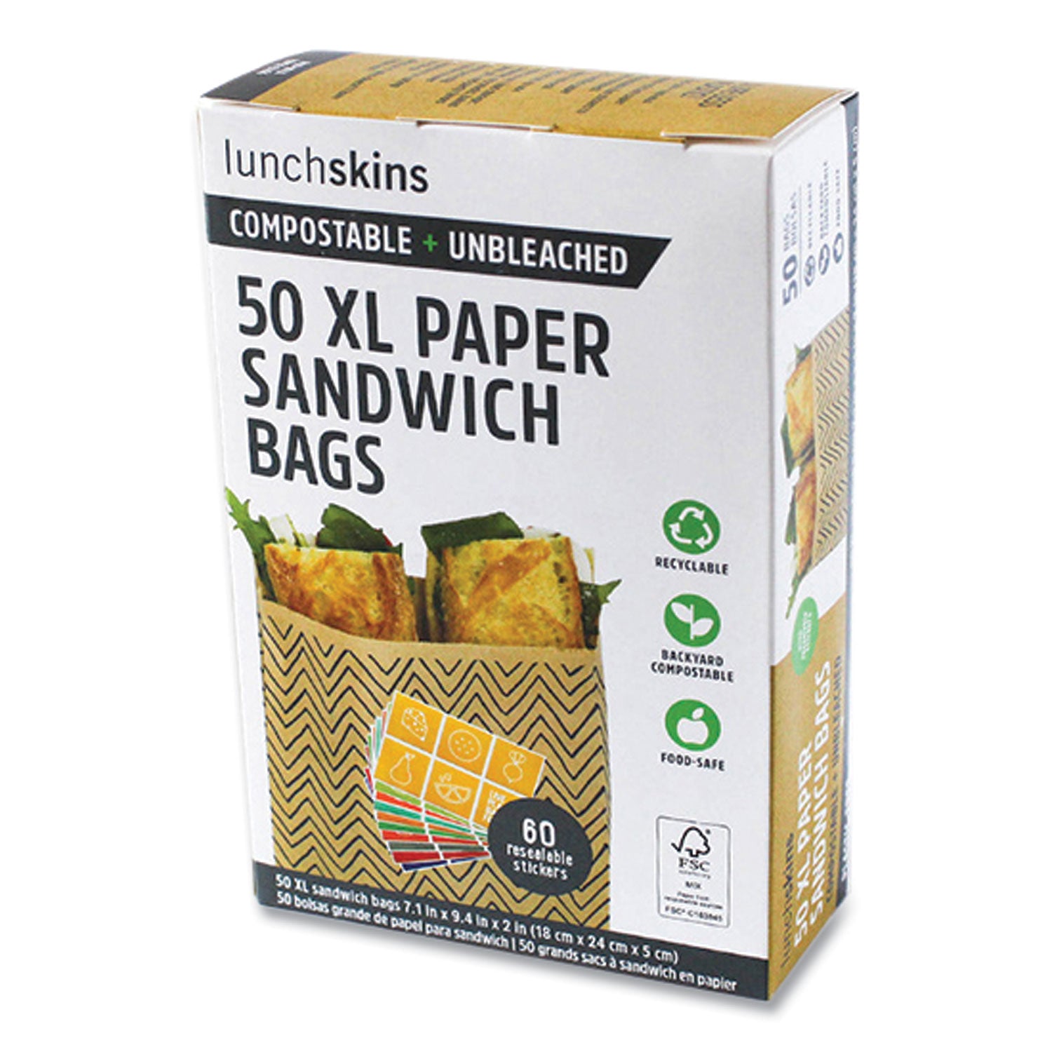 Lunchskins XL Sandwich Bag with Resealable Stickers, 7.1" x 2" x 9.1", Black Stripes/Natural Kraft, 50/Box (860000586764)