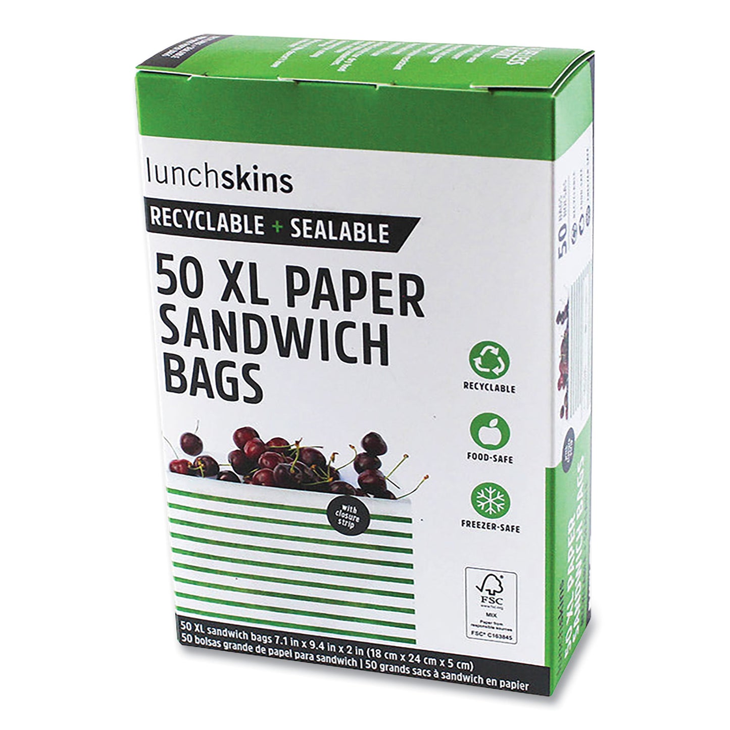 Lunchskins Paper Sandwich Bag, XL Sandwich, 7.1" x 2" x 9.4", Green Stripes/White, 50/Box (865772000494)