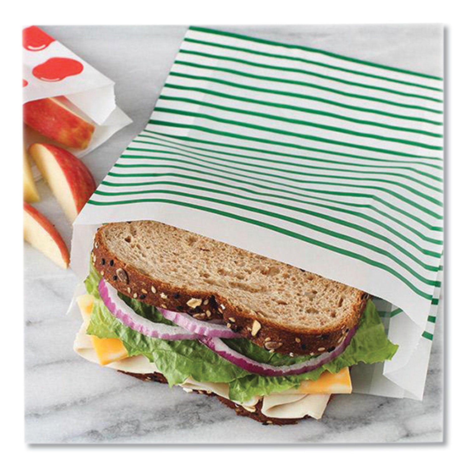 Lunchskins Paper Sandwich Bag, XL Sandwich, 7.1" x 2" x 9.4", Green Stripes/White, 50/Box (865772000494)