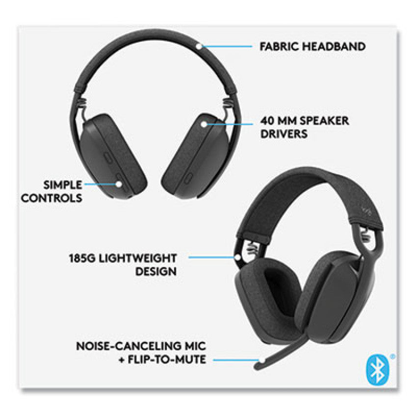 Logitech Zone Vibe 100 Wireless Noise Canceling Over-Ear Headphones, Graphite (981001256)