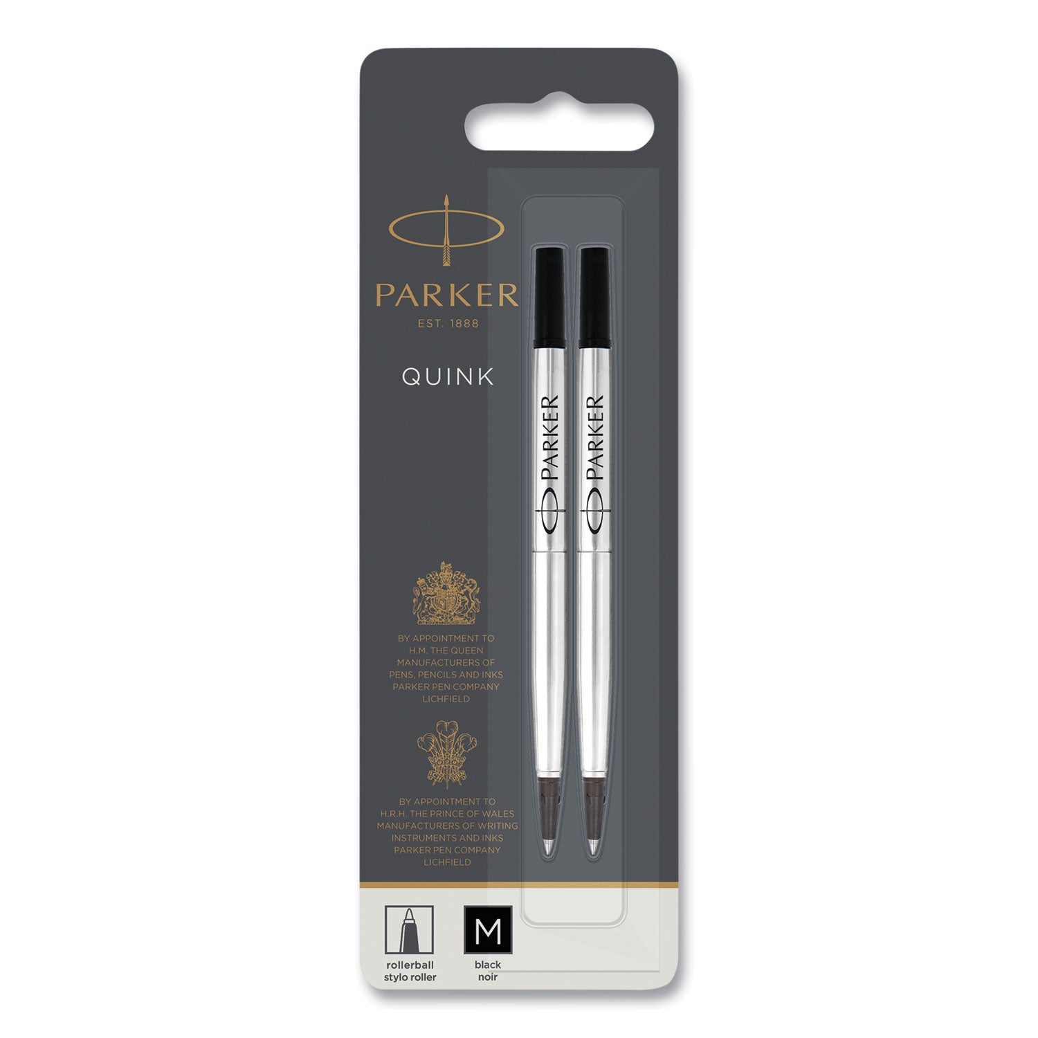 Quink Refill for Parker Rollerball Pen, Medium Tip, Black Ink, 2/Pack (1950325)