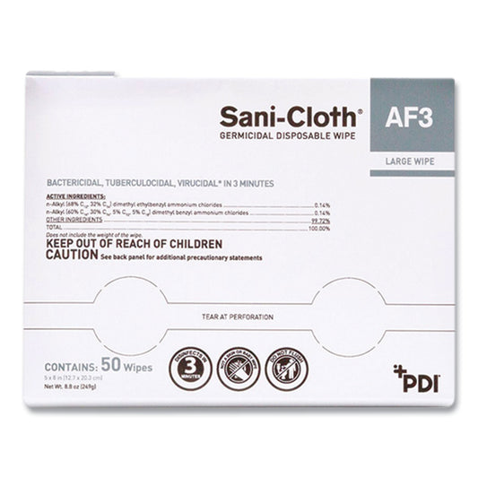 Sani-Cloth AF3 Germicidal Disposable Wipes, Large, 1-Ply, 8" x 5", Unscented, White, 50/Pack, 10 Packs/Carton (H59200)