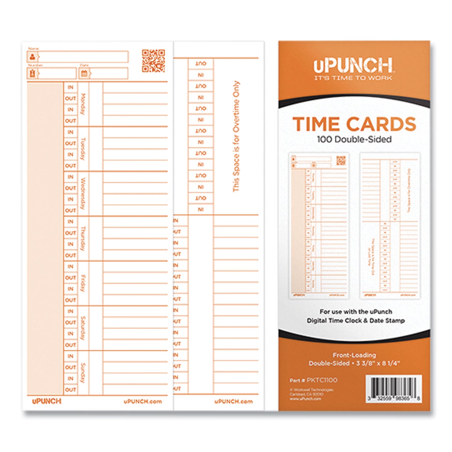 uPunch Time Card for PK1100 Time Clock, Two Sides, 3.38 x 8.25, 100/Pack (C1100)