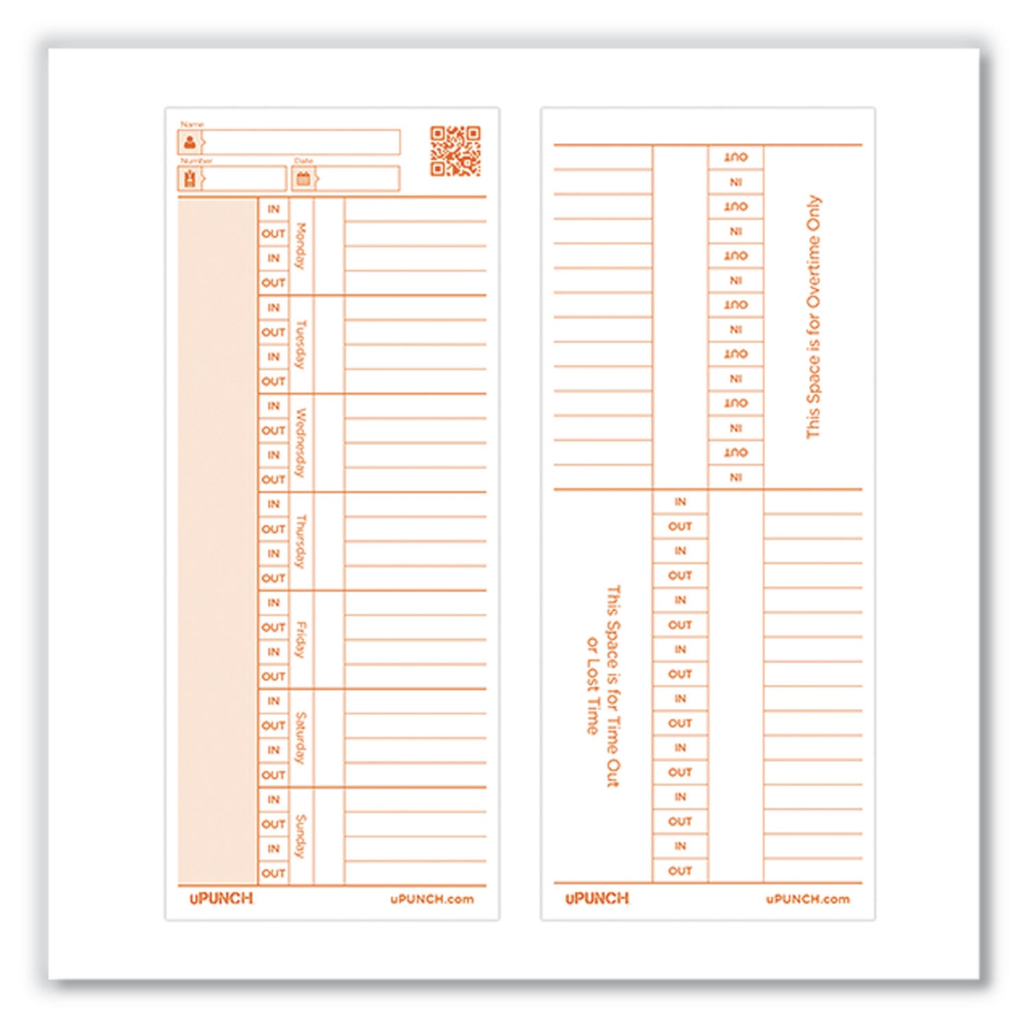 uPunch Time Card for PK1100 Time Clock, Two Sides, 3.38 x 8.25, 100/Pack (C1100)