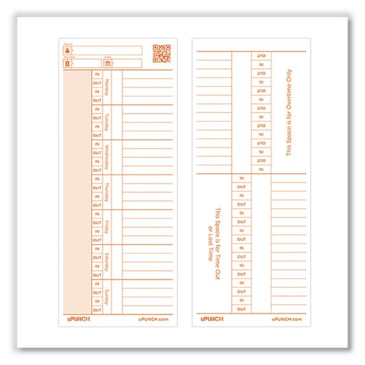 uPunch Time Card for PK1100 Time Clock, Two Sides, 3.38 x 8.25, 100/Pack (C1100)