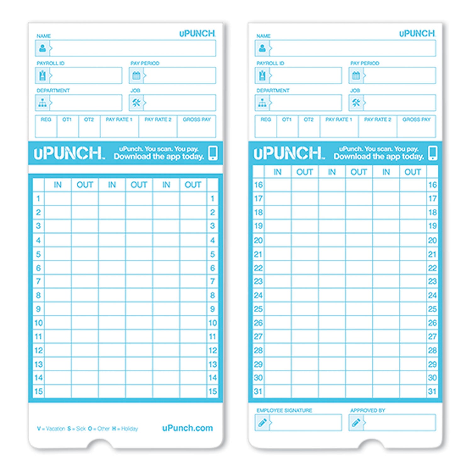 uPunch Pay-to-Punch Time Card for SB1200 Time Clock, Two Sides, 3.38 x 7.38, 100/Pack (CB1100)