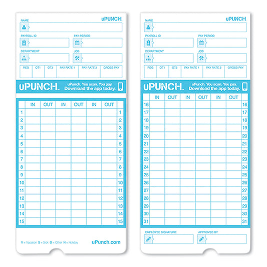 uPunch Pay-to-Punch Time Card for SB1200 Time Clock, Two Sides, 3.38 x 7.38, 100/Pack (CB1100)