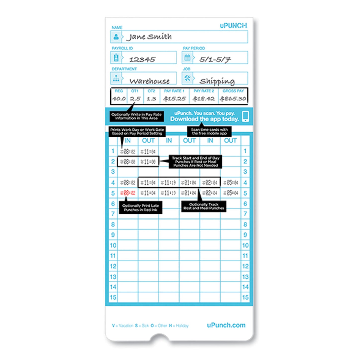 uPunch Pay-to-Punch Time Card for SB1200 Time Clock, Two Sides, 3.38 x 7.38, 100/Pack (CB1100)