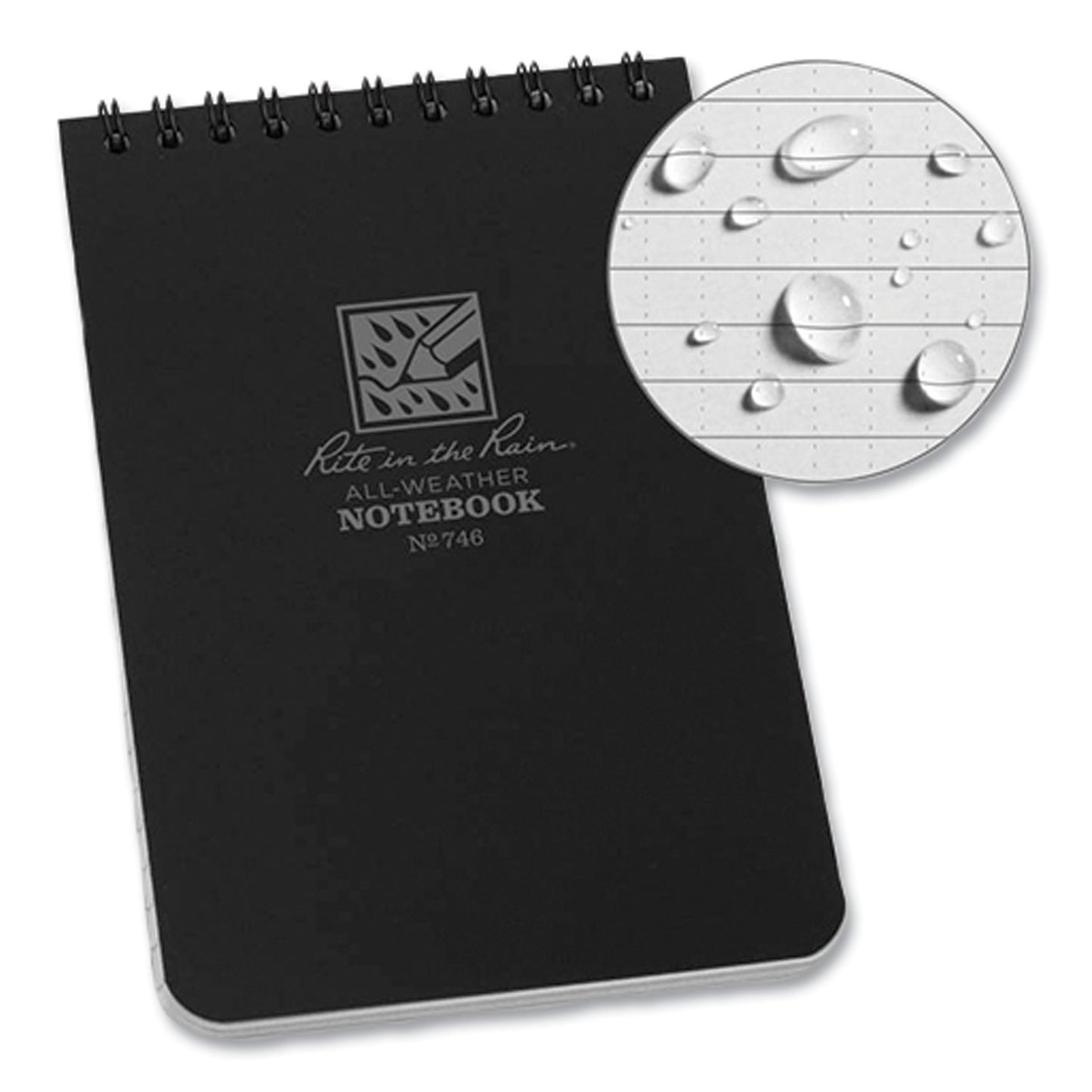 Rite in the Rain All-Weather Wire-O Notepad, Universal: Narrow Rule and Quadrille Rule, Black Cover, 50 White 4 x 6 Sheets (746)