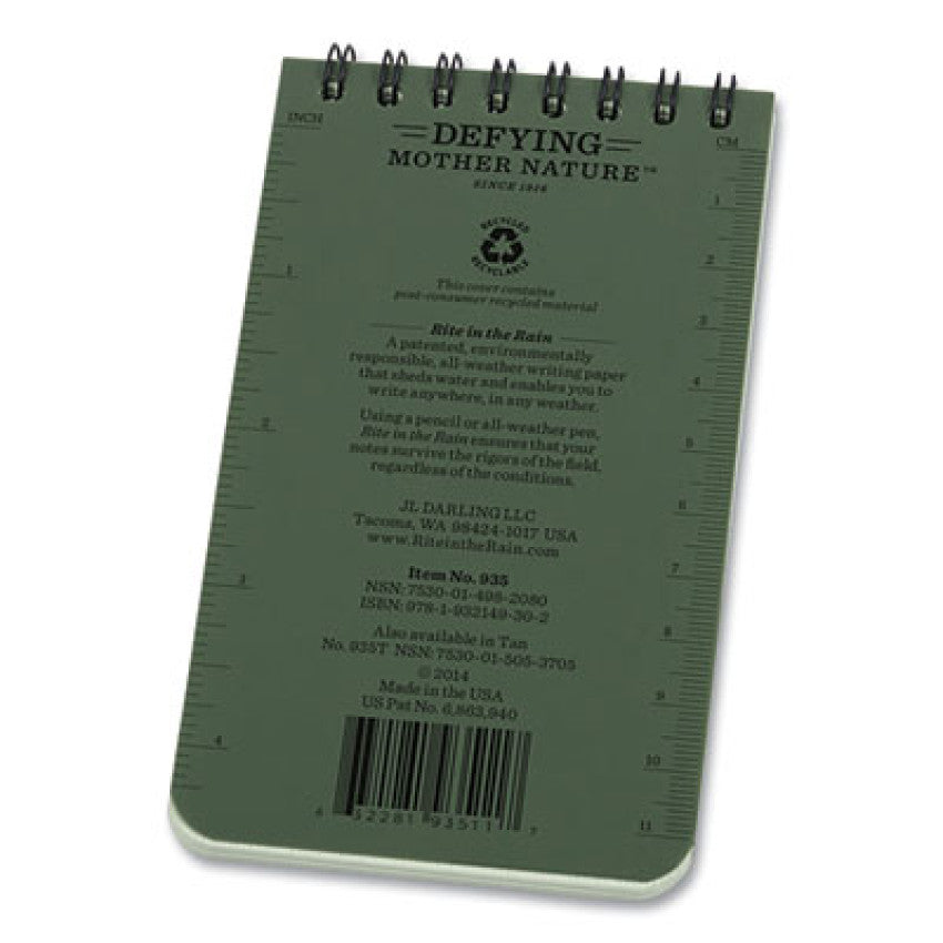 Rite in the Rain All-Weather Wire-O Notepad, Universal: Narrow Rule and Quadrille Rule, Dark Green Cover, 50 White 3 x 5 Sheets (935)