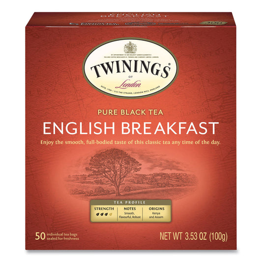 TWININGS Tea Bags, English Breakfast, 3.53 oz, 50/Box (78221)