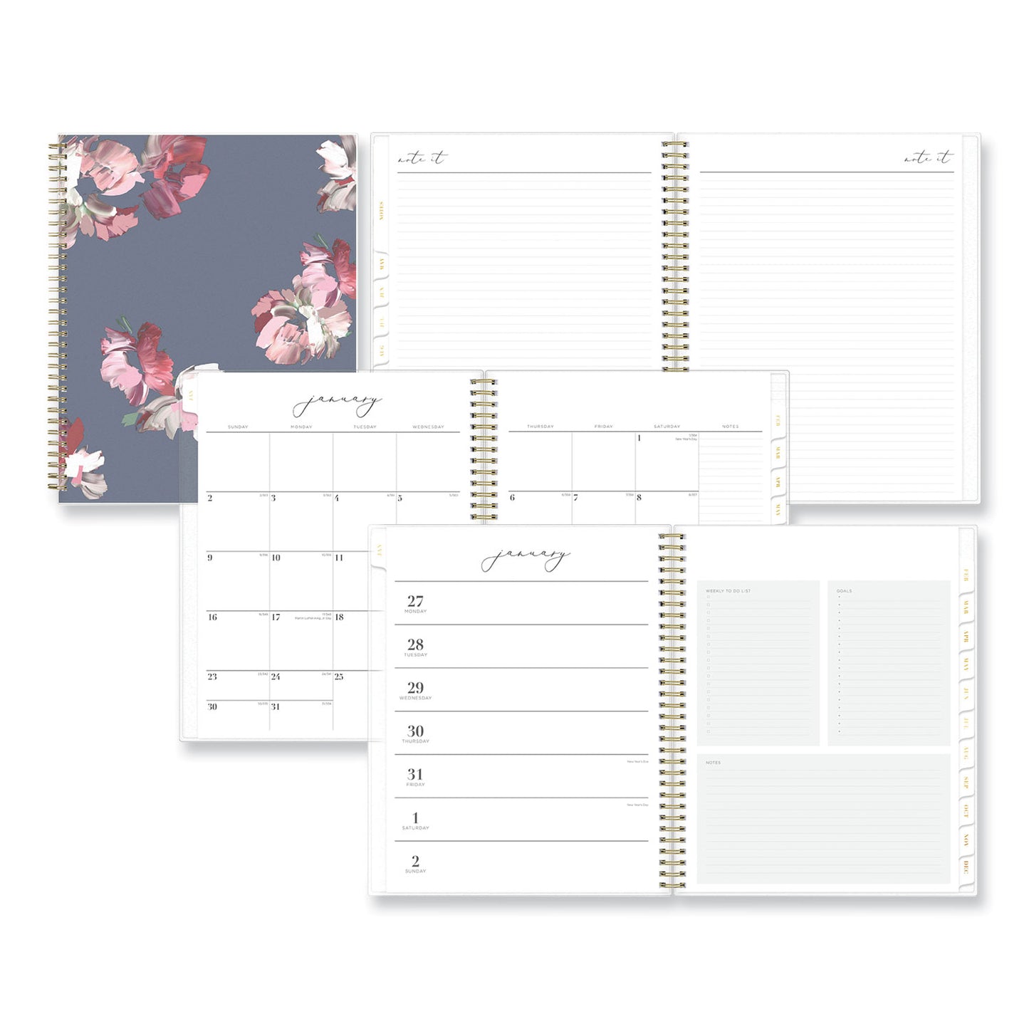 Blue Sky Life Note-It Leah Weekly/Monthly Notes Planner, Floral Artwork, 11 x 8.5, Gray/Pink/White Cover, 12-Month (Jan to Dec): 2025 (139479)