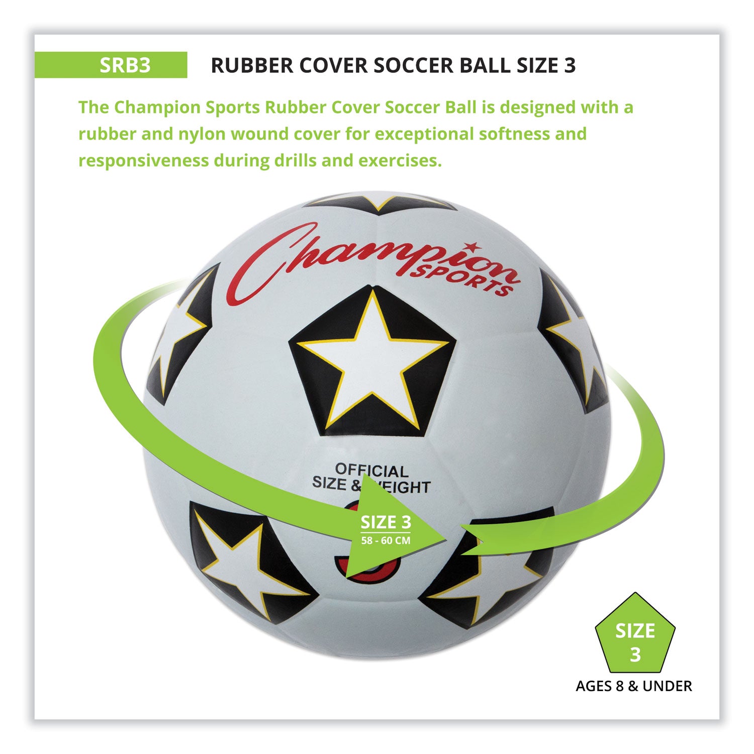 Champion Sports Rubber Sports Ball, For Soccer, No. 3 Size, White/Black (SRB3)