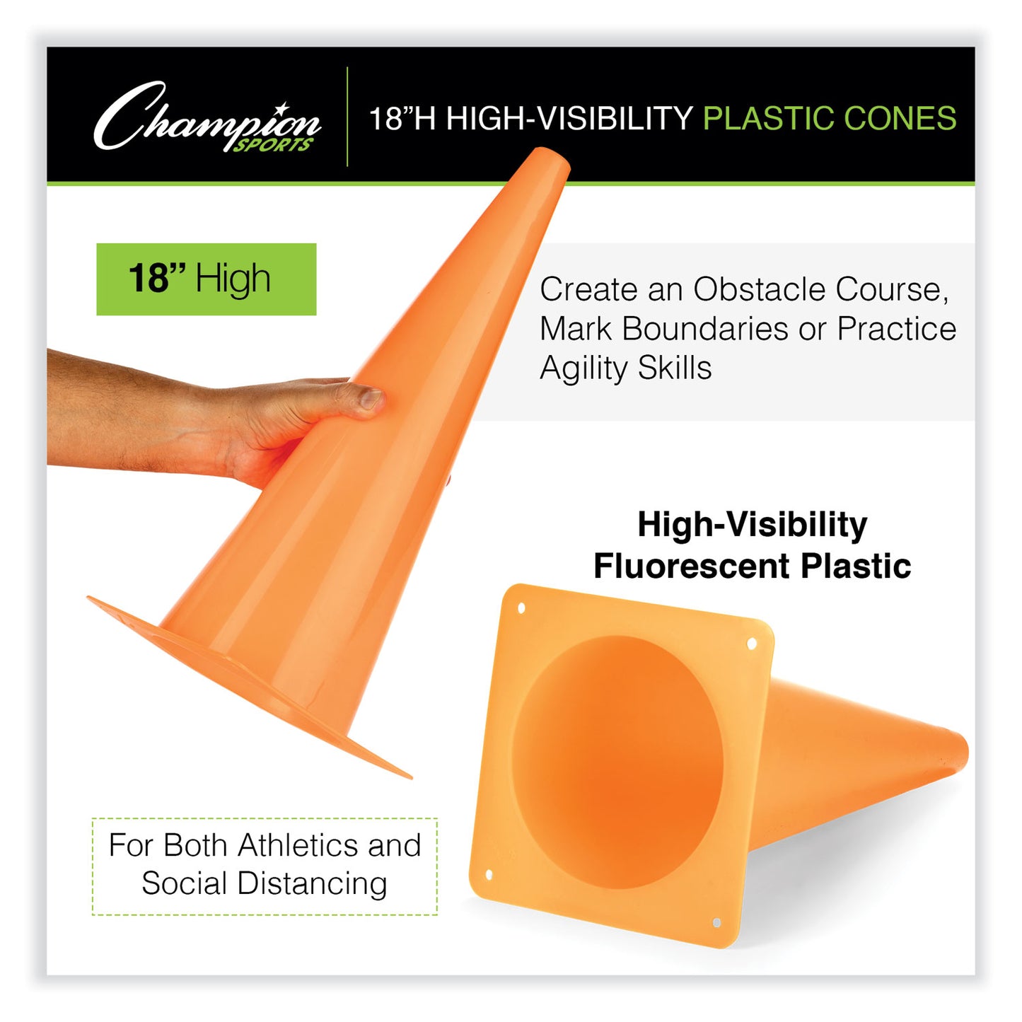 Champion Sports High-Visibility Plastic Cones, 18" Tall, Florescent Orange, 8" x 8" Base (TC18)