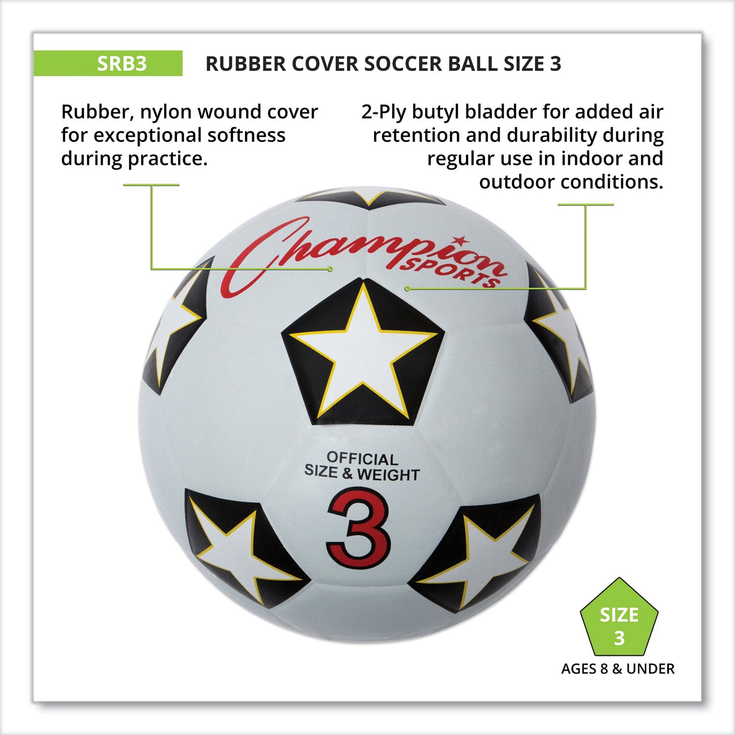 Champion Sports Rubber Sports Ball, For Soccer, No. 3 Size, White/Black (SRB3)