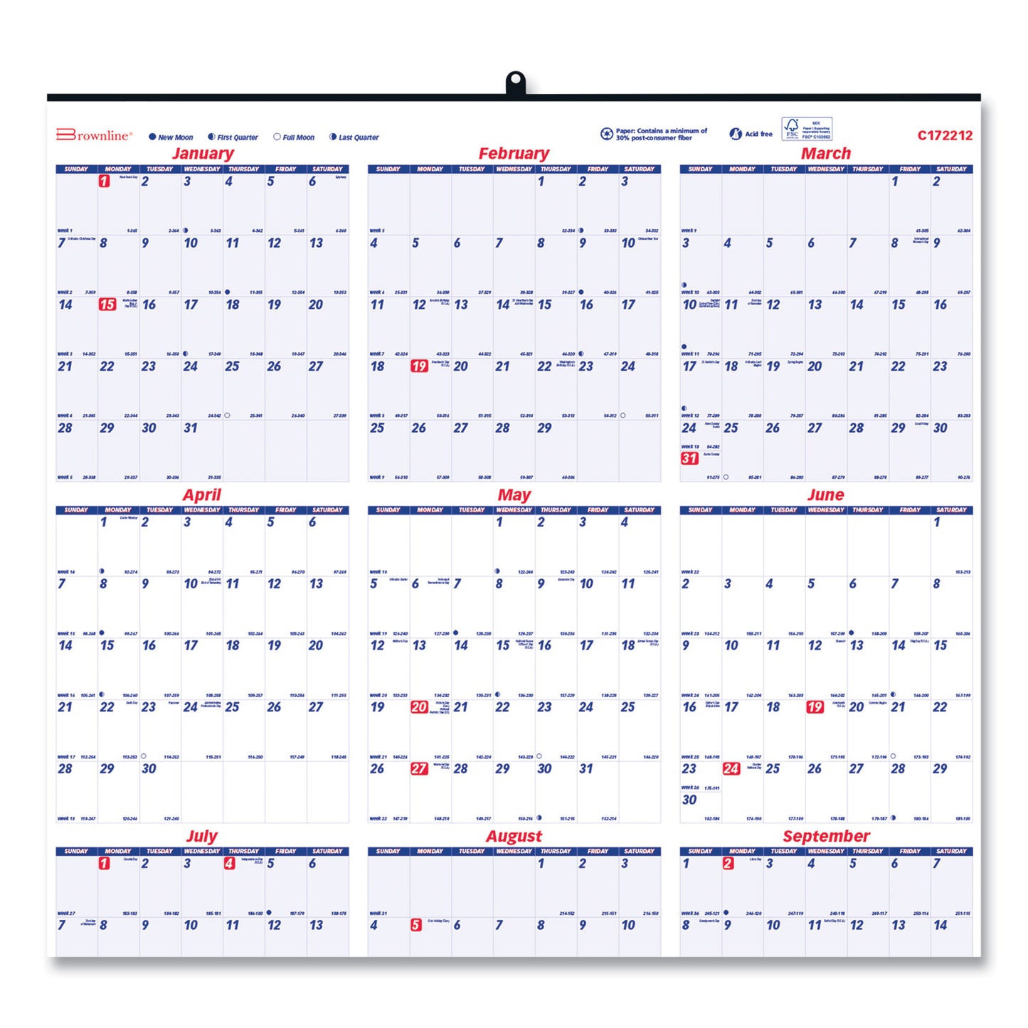 Brownline Yearly Wall Calendar, 24 x 36, White/Blue Sheets, 12-Month (Jan to Dec): 2025 (C172212)