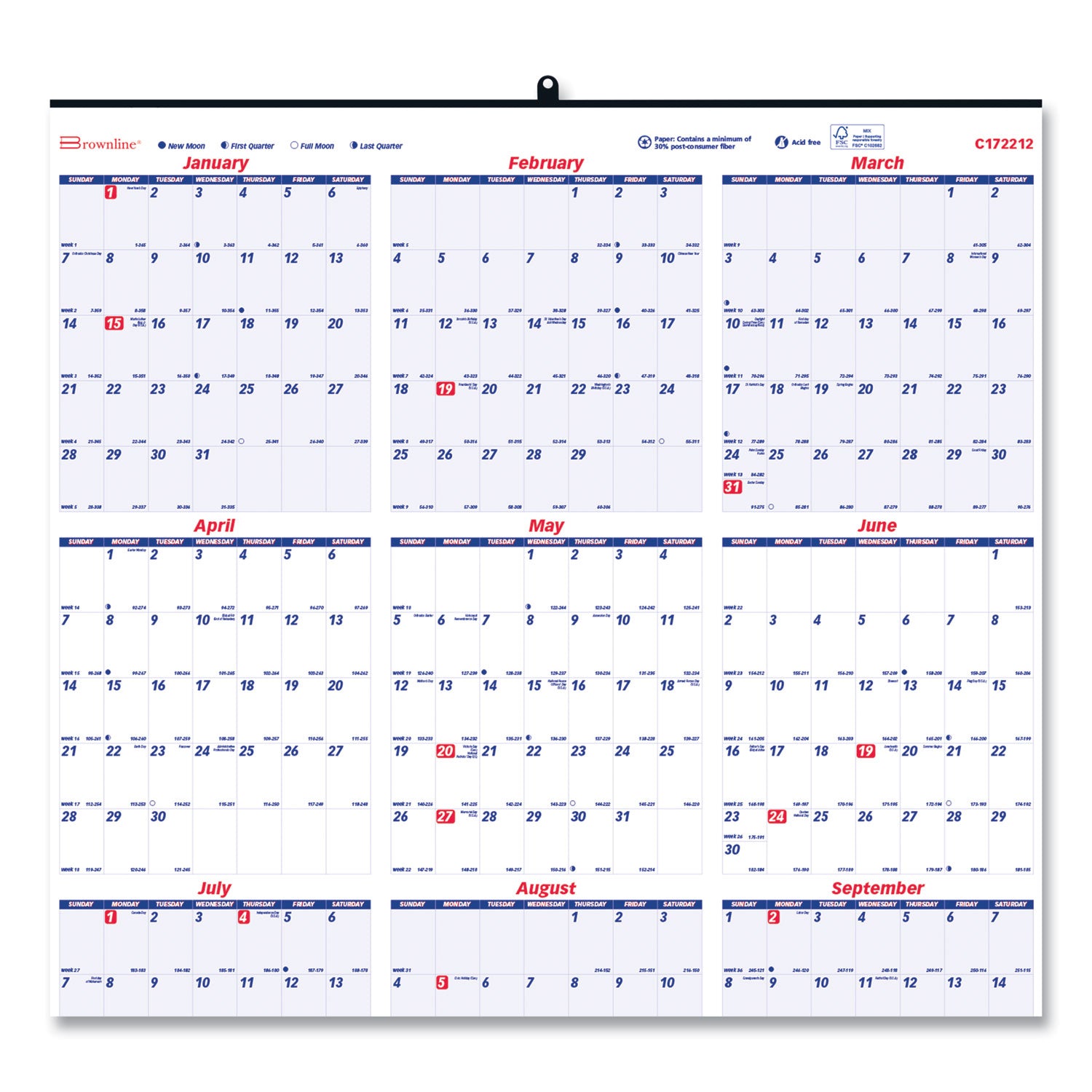 Brownline Yearly Wall Calendar, 24 x 36, White/Blue Sheets, 12-Month (Jan to Dec): 2025 (C172212)