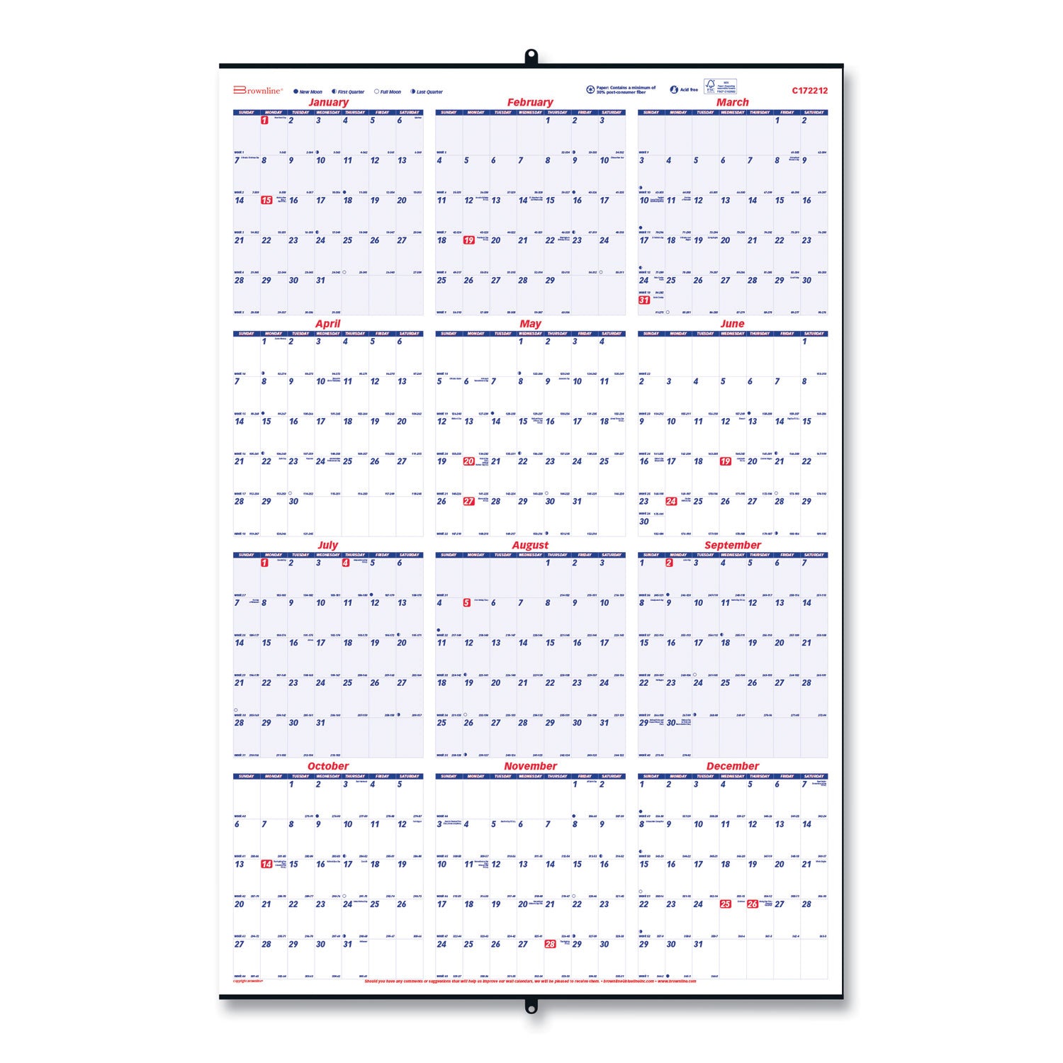 Brownline Yearly Wall Calendar, 24 x 36, White/Blue Sheets, 12-Month (Jan to Dec): 2025 (C172212)