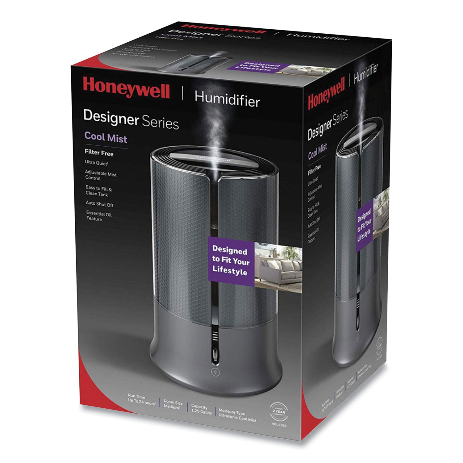 Honeywell Filter Free Ultrasonic Cool Mist Humidifier, 1.25 gal, 8.8 x 8.8 x 13.2, Black (HUL430B)