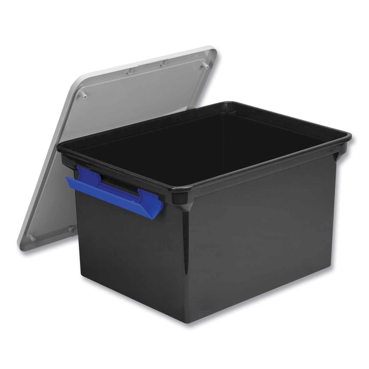 Storex Tote with Locking Handles, Legal/Letter, 13.9" x 18.3 x 10.6", Black/Silver/Blue, 4/Carton (61543U04C)