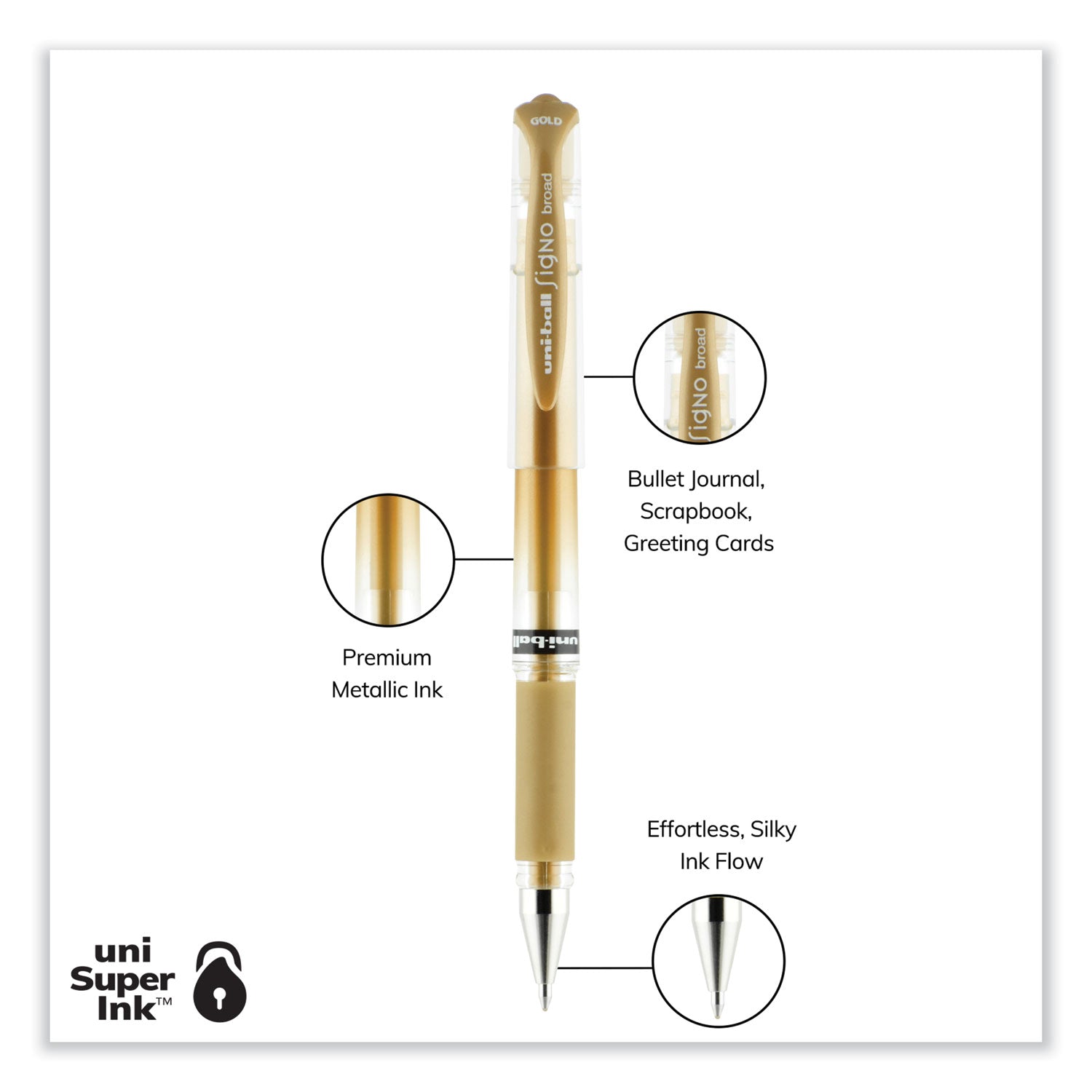 uni-ball Signo Gel Impact Gel Pen, Stick, Bold 1 mm, Assorted Metallic Ink and Barrel Colors, 3/Pack (1919997)