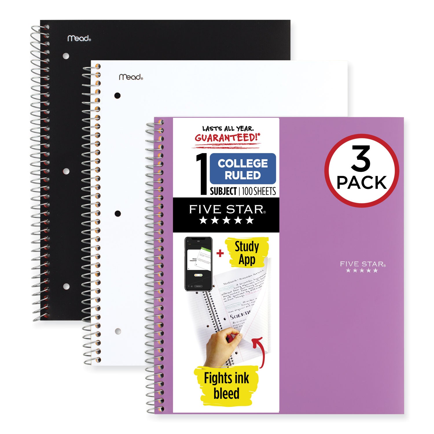 Five Star Wirebound Notebook with Two Pockets, 1-Subject, Medium/College Rule, Assorted Cover Color, (100) 11 x 8.5 Sheets, 3/Pack (820188)