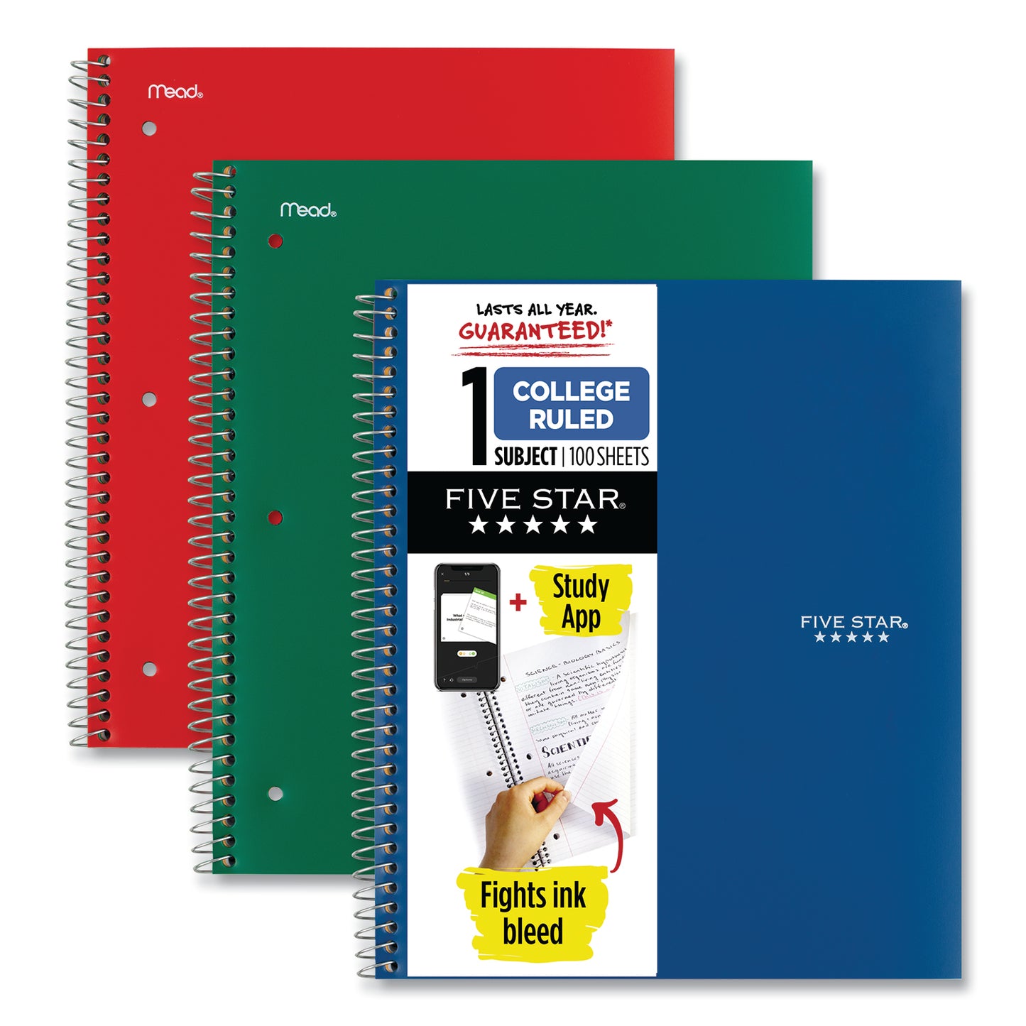 Five Star Wirebound Notebook with Two Pockets, 1-Subject, Medium/College Rule, Assorted Cover Color, (100) 11 x 8.5 Sheets, 3/Pack (820189)