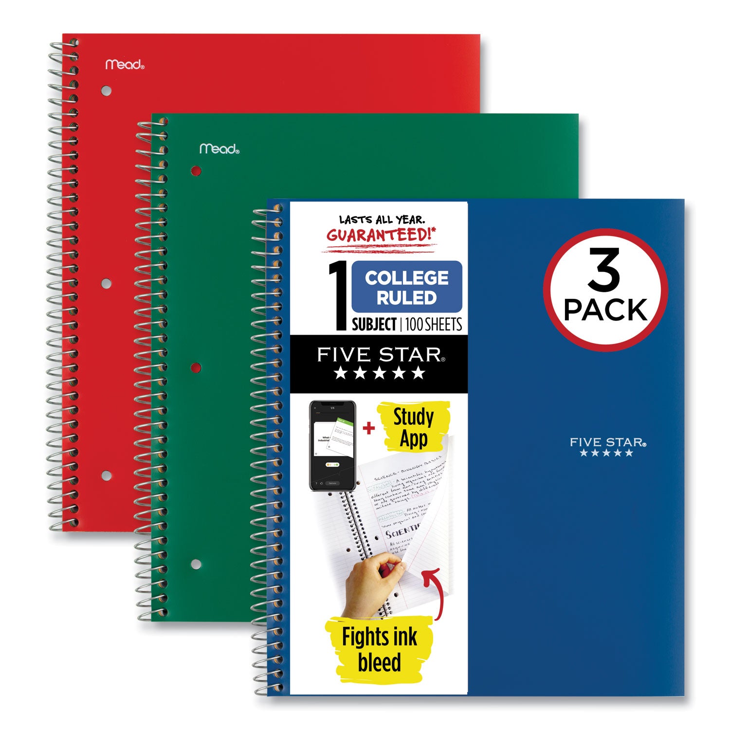 Five Star Wirebound Notebook with Two Pockets, 1-Subject, Medium/College Rule, Assorted Cover Color, (100) 11 x 8.5 Sheets, 3/Pack (820189)