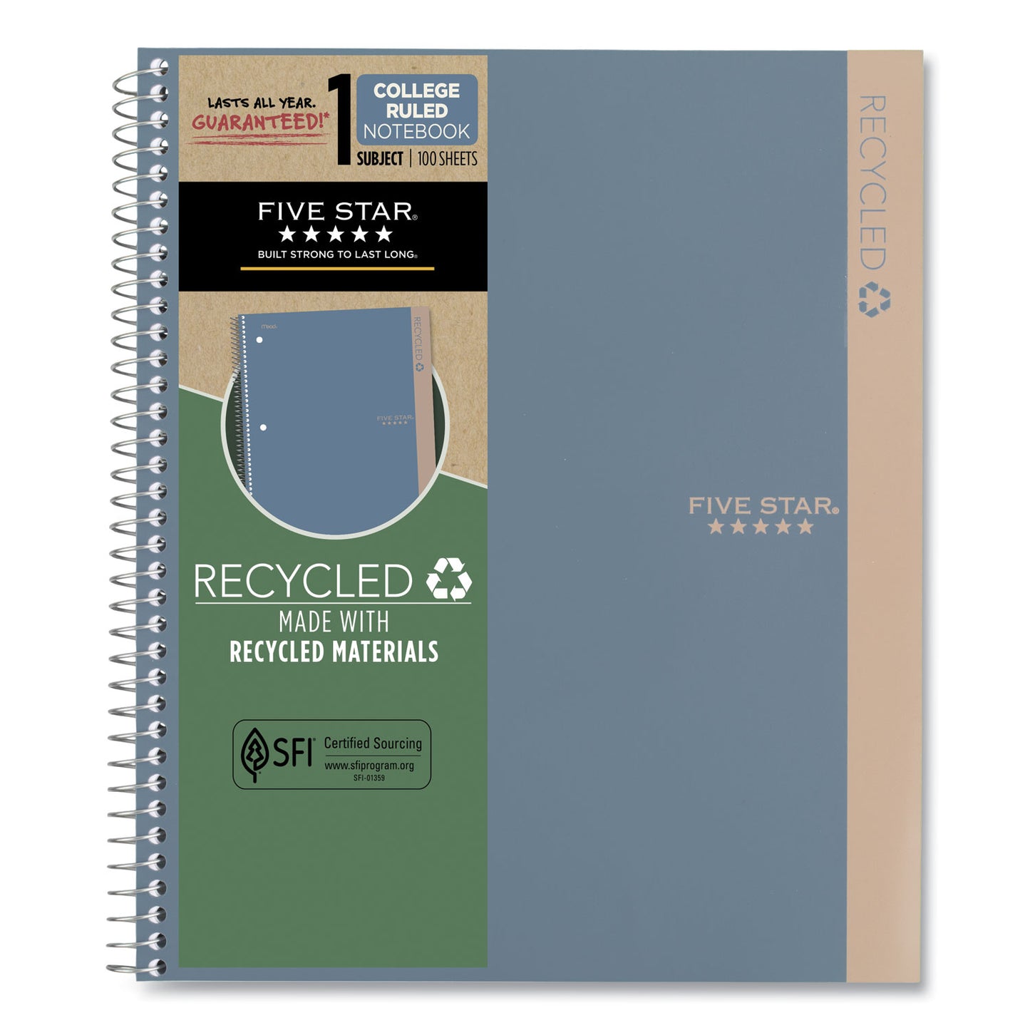 Five Star Recycled Notebook, 1 Subject, Medium/College Rule, Randomly Assorted Cover, 11 x 8.5 Sheets (820053)