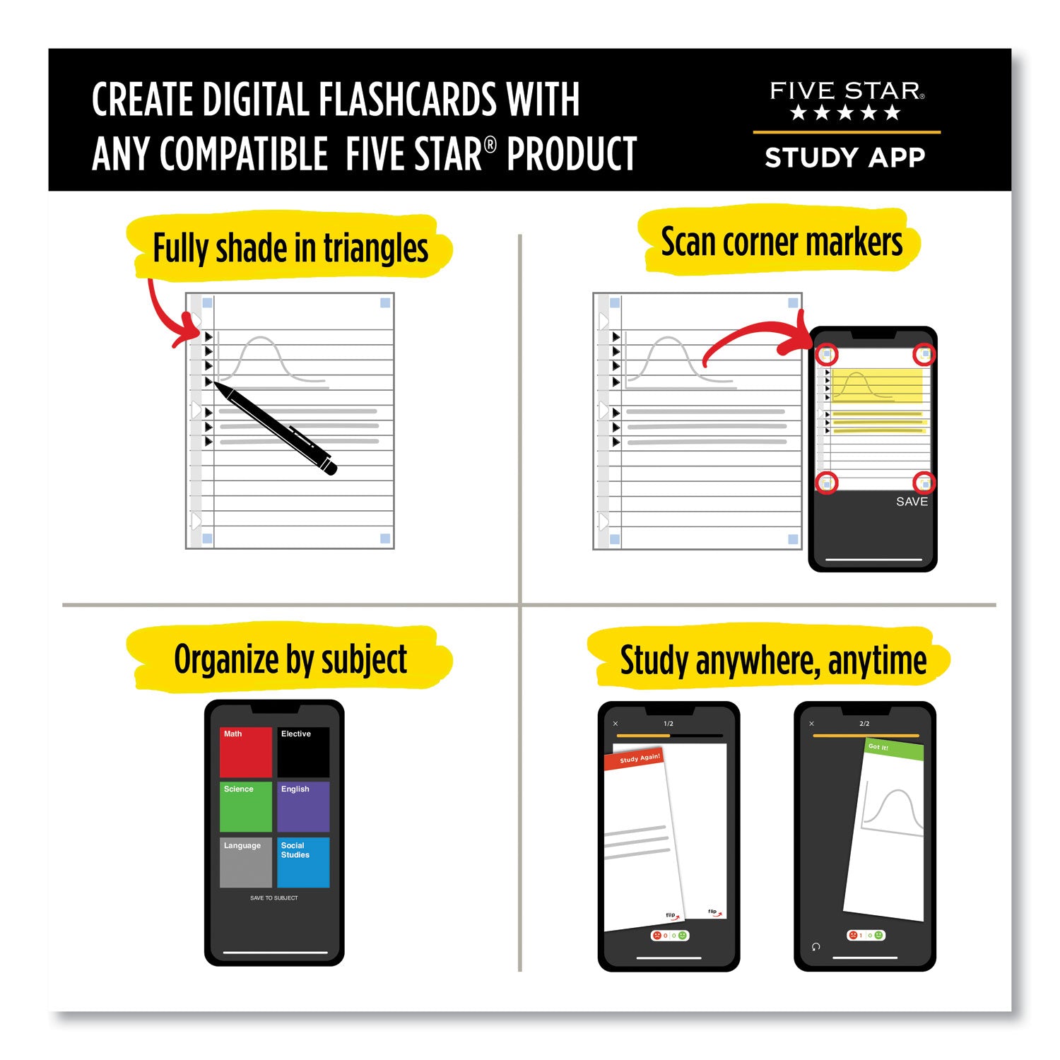 Five Star Reinforced Filler Paper Plus Study App, 3-Hole, 8.5 x 11, College Rule, 80/Pack (170102)