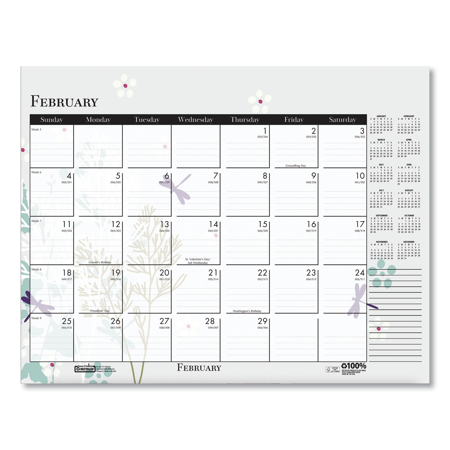 House of Doolittle Recycled Desk Pad Calendar, Wild Flowers Artwork, 22 x 17, White Sheets, Black Binding/Corners,12-Month (Jan-Dec): 2025 (197)