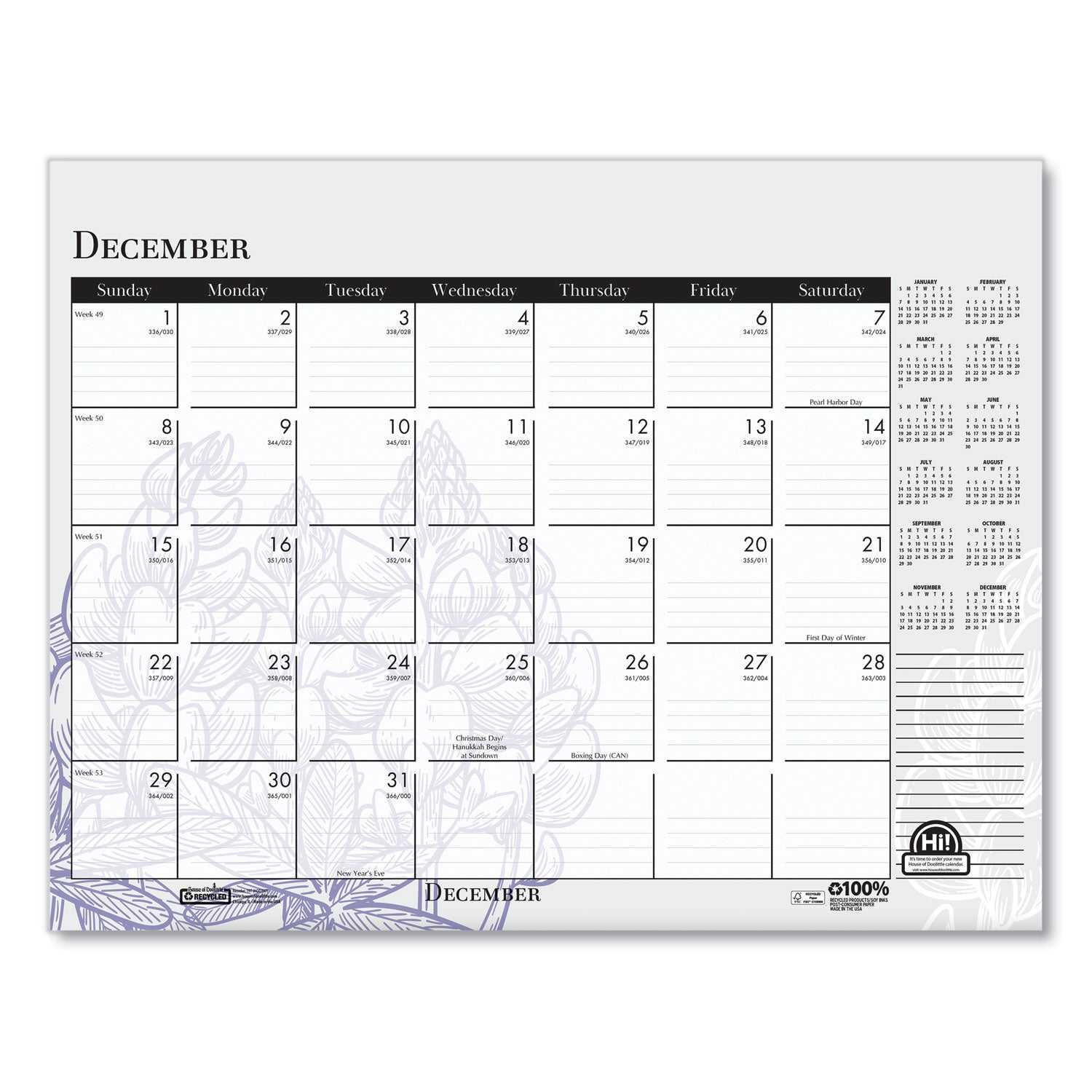 House of Doolittle Recycled Desk Pad Calendar, Wild Flowers Artwork, 22 x 17, White Sheets, Black Binding/Corners,12-Month (Jan-Dec): 2025 (197)