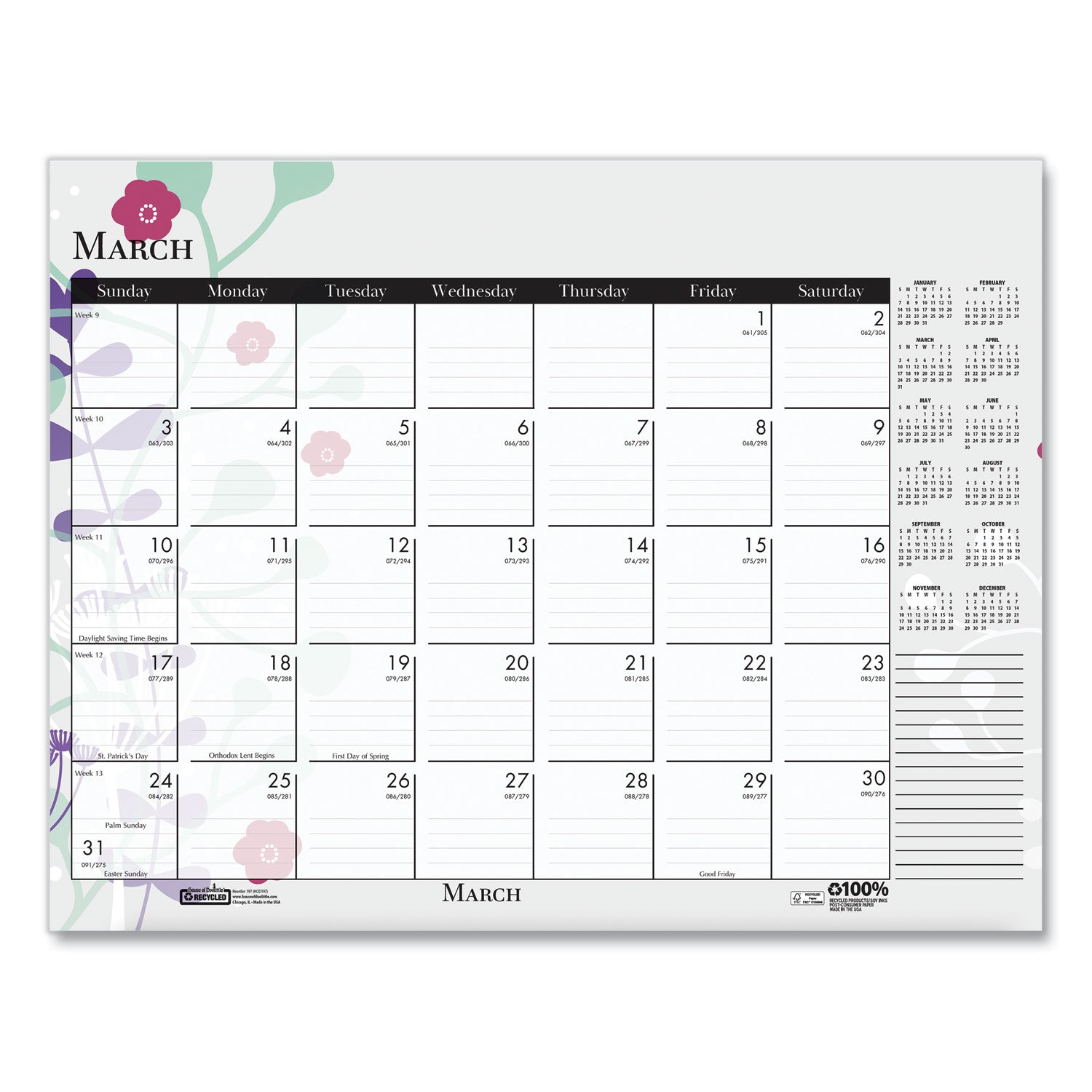 House of Doolittle Recycled Desk Pad Calendar, Wild Flowers Artwork, 22 x 17, White Sheets, Black Binding/Corners,12-Month (Jan-Dec): 2025 (197)