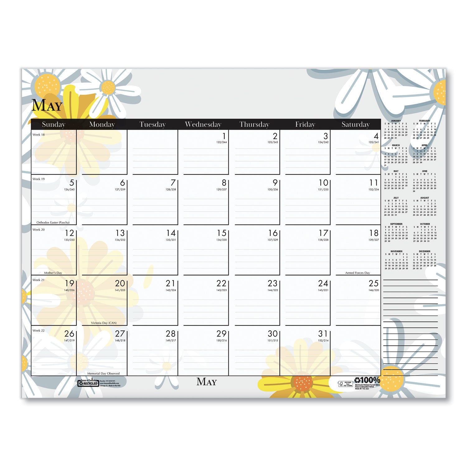 House of Doolittle Recycled Desk Pad Calendar, Wild Flowers Artwork, 22 x 17, White Sheets, Black Binding/Corners,12-Month (Jan-Dec): 2025 (197)