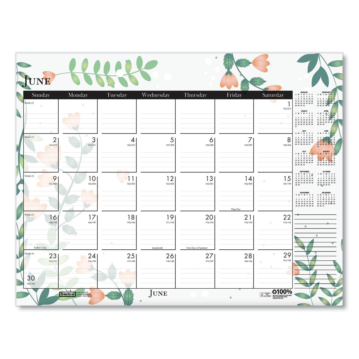 House of Doolittle Recycled Desk Pad Calendar, Wild Flowers Artwork, 22 x 17, White Sheets, Black Binding/Corners,12-Month (Jan-Dec): 2025 (197)