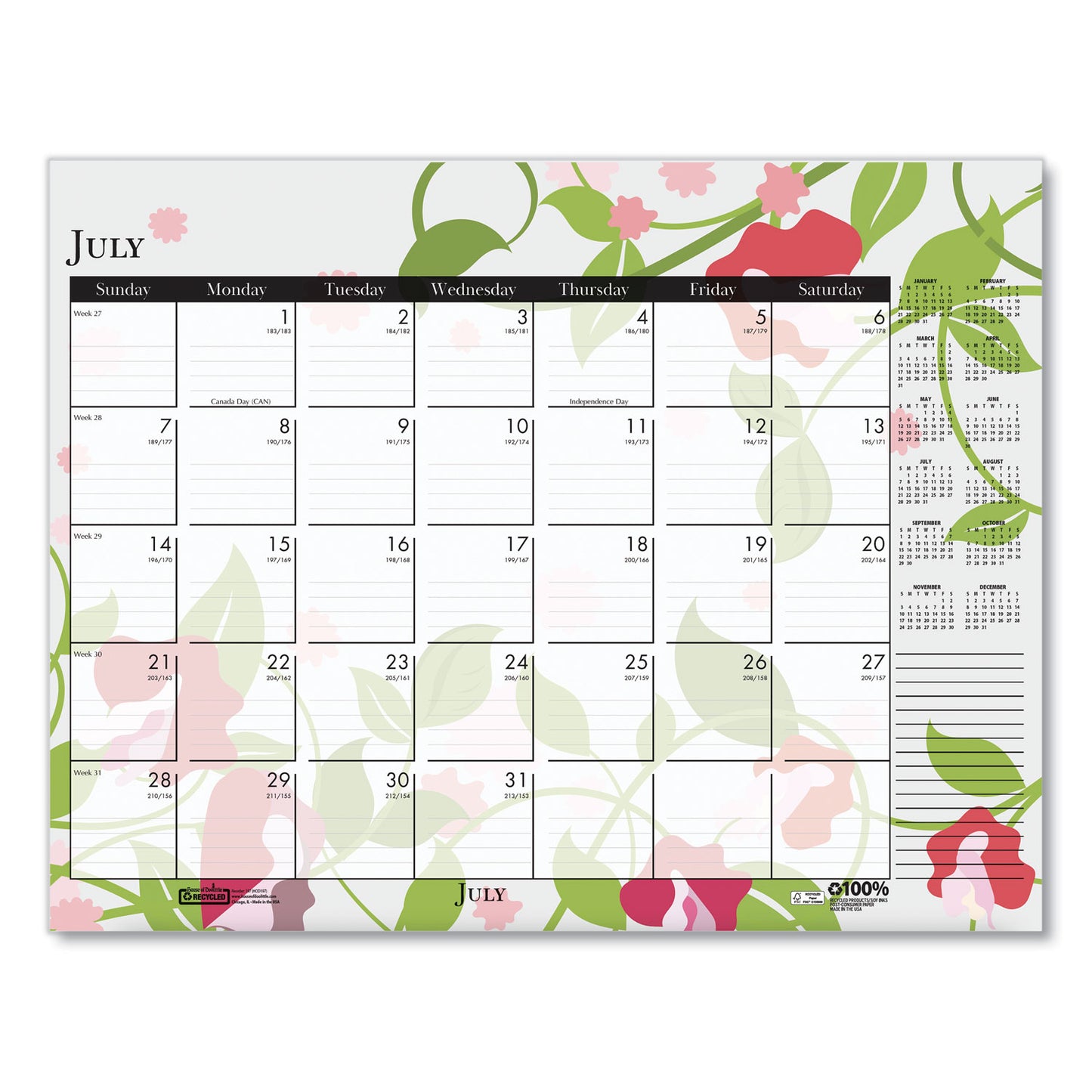 House of Doolittle Recycled Desk Pad Calendar, Wild Flowers Artwork, 22 x 17, White Sheets, Black Binding/Corners,12-Month (Jan-Dec): 2025 (197)