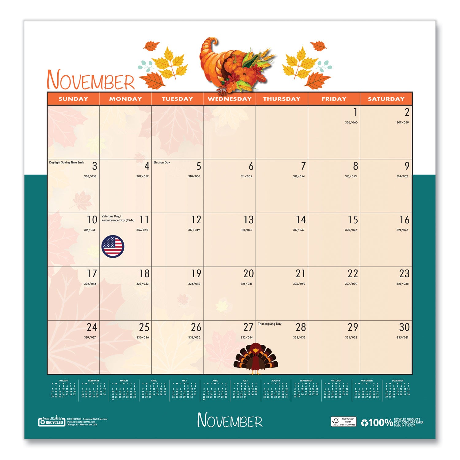 House of Doolittle Recycled Seasonal Wall Calendar, Illustrated Seasons Artwork, 12 x 12, 12-Month (Jan to Dec): 2025 (338)