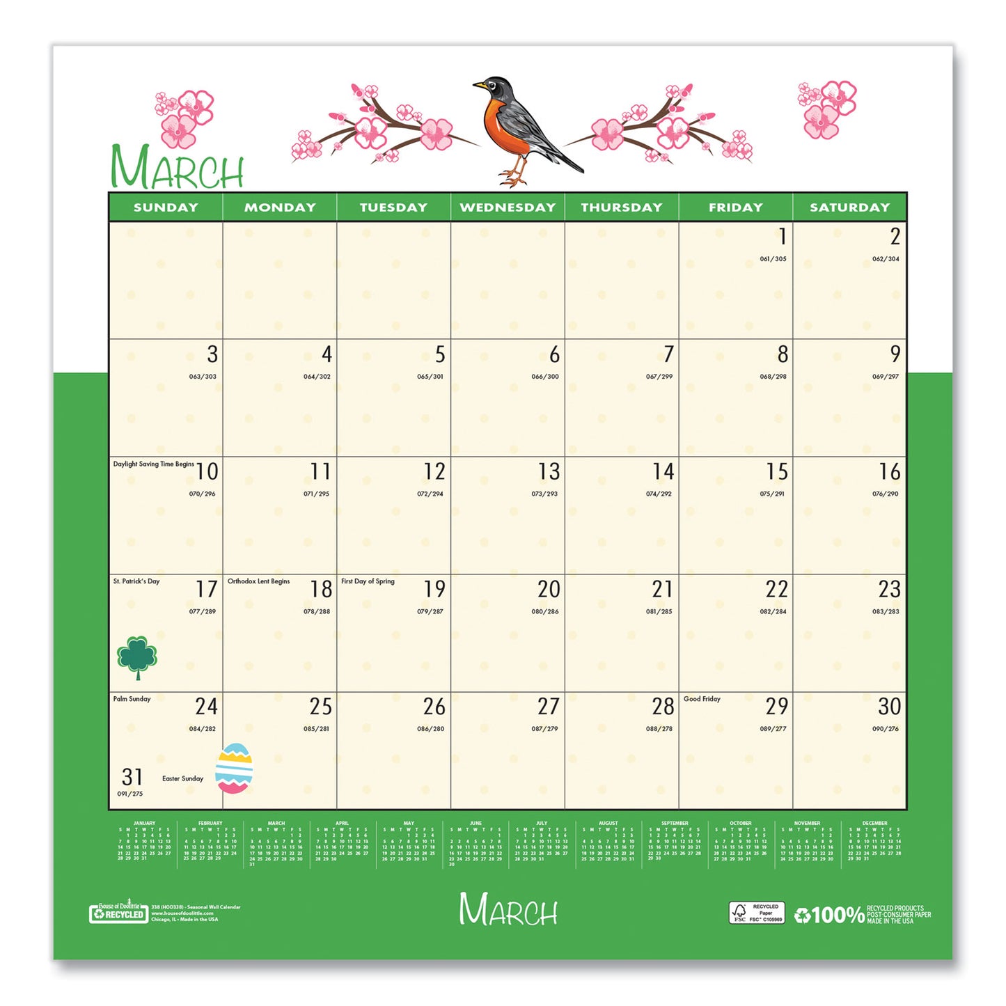 House of Doolittle Recycled Seasonal Wall Calendar, Illustrated Seasons Artwork, 12 x 12, 12-Month (Jan to Dec): 2025 (338)