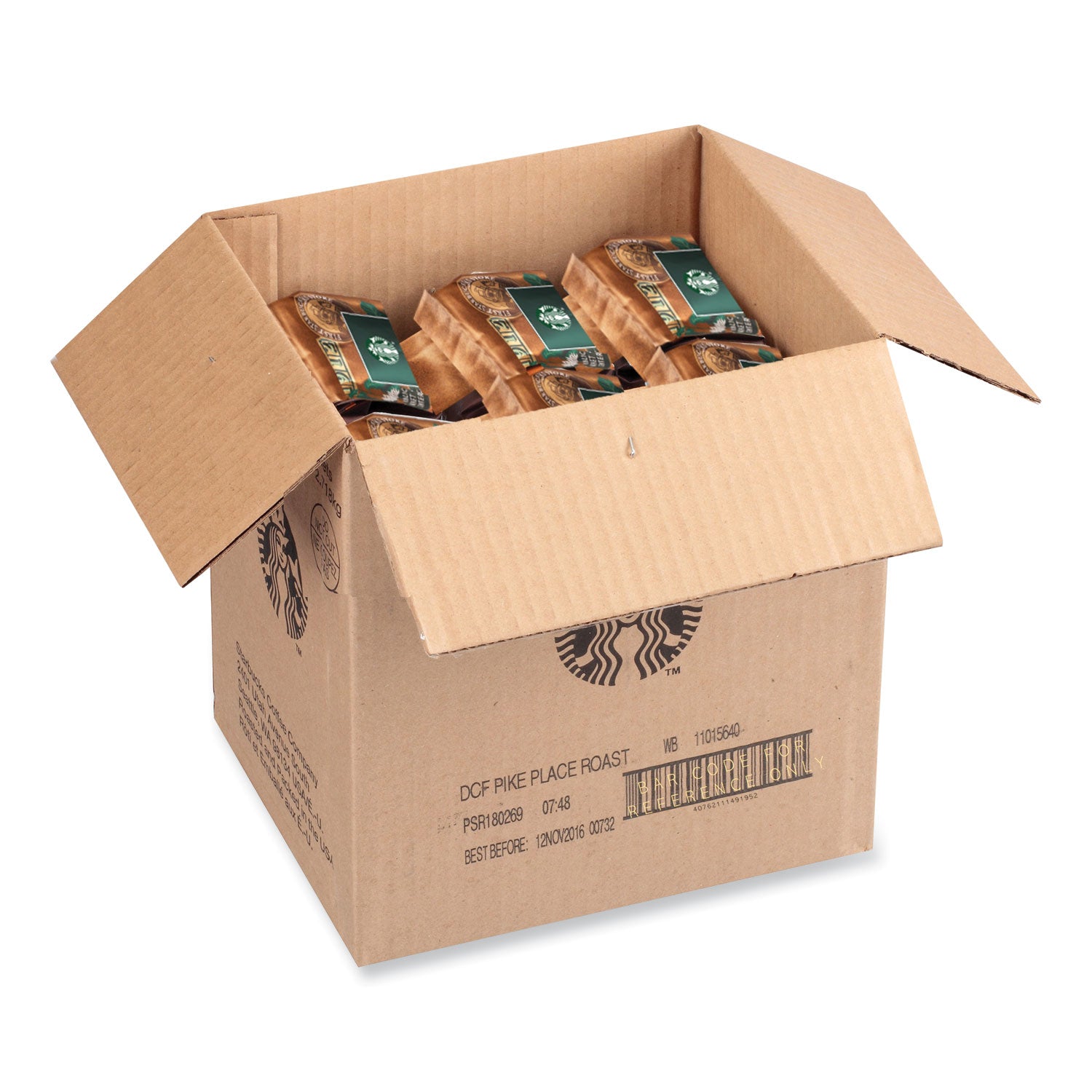 Starbucks Whole Bean Coffee, Decaffeinated, Pike Place, 1 lb, Bag, 6/Carton (12540222CT)