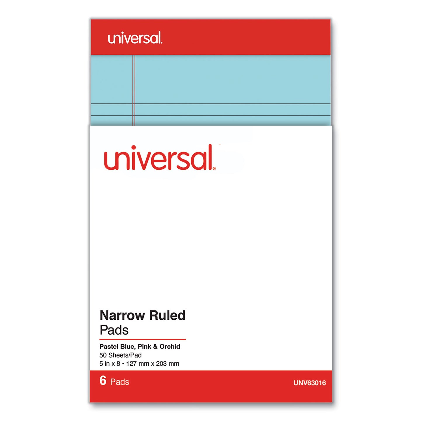 Universal Perforated Ruled Writing Pads, Narrow Rule, Red Headband, 50 Assorted Pastels 5 x 8 Sheets, 6/Pack (63016)