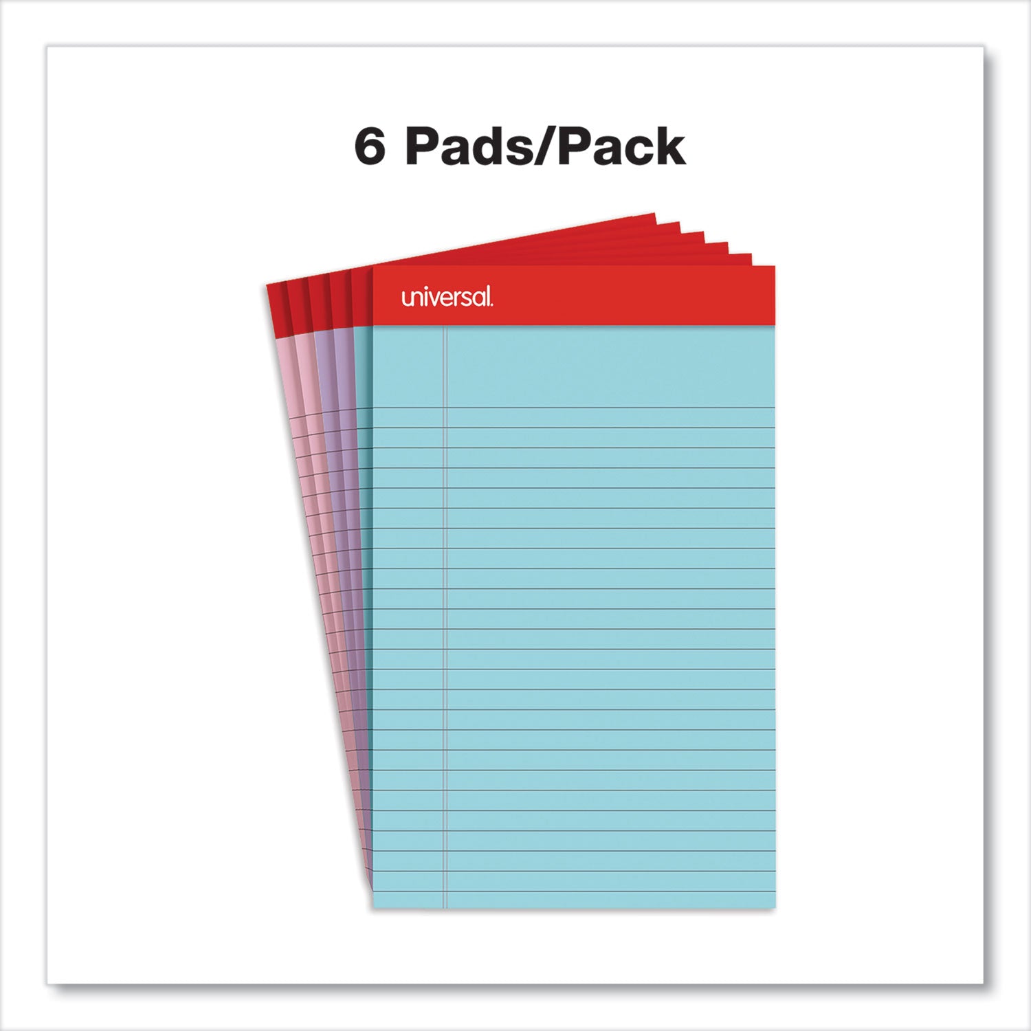 Universal Perforated Ruled Writing Pads, Narrow Rule, Red Headband, 50 Assorted Pastels 5 x 8 Sheets, 6/Pack (63016)